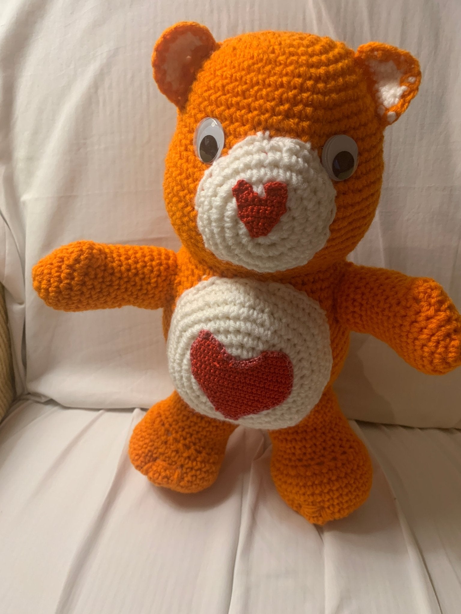 Handmade Crochet Orange Care Bear with Heart by Main Street Collective - Plush Toy, Amigurumi, Stuffed Animal