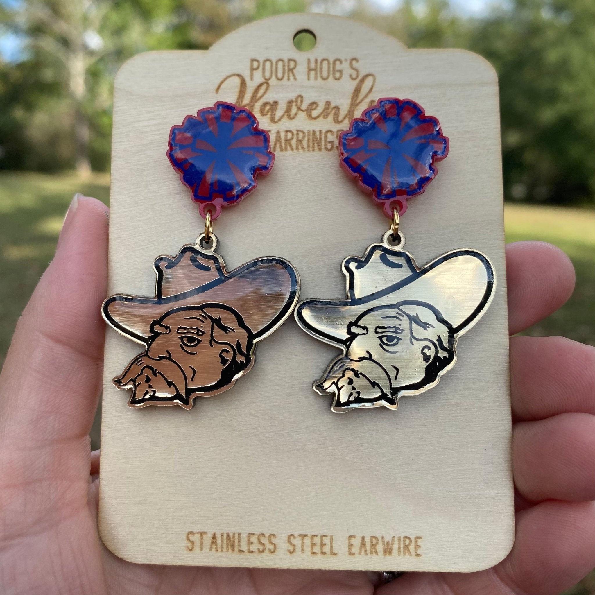 Rebel Mascot Earrings: Gold Face & Red/Blue Pom Poms, Stainless Steel, Main Street Collective