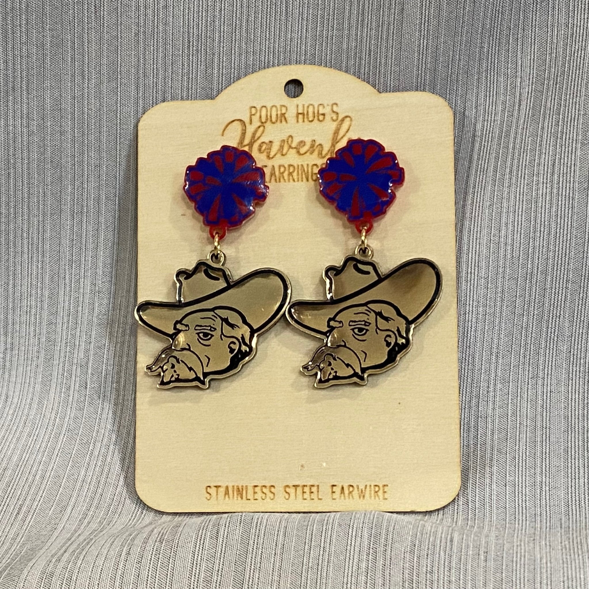 Rebel Mascot Earrings: Gold Cowboy Hat, Red & Blue Pom Poms, Acrylic Drop, Stainless Steel Posts