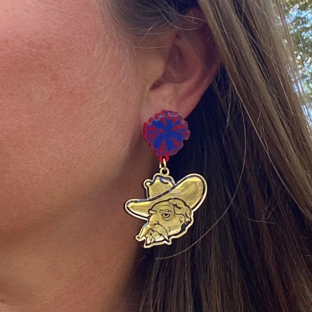 Rebel Mascot Drop Earrings: Gold Cowboy, Red & Blue Pom Pom Acrylic Earrings, Stainless Steel Posts, School Spirit Jewelry