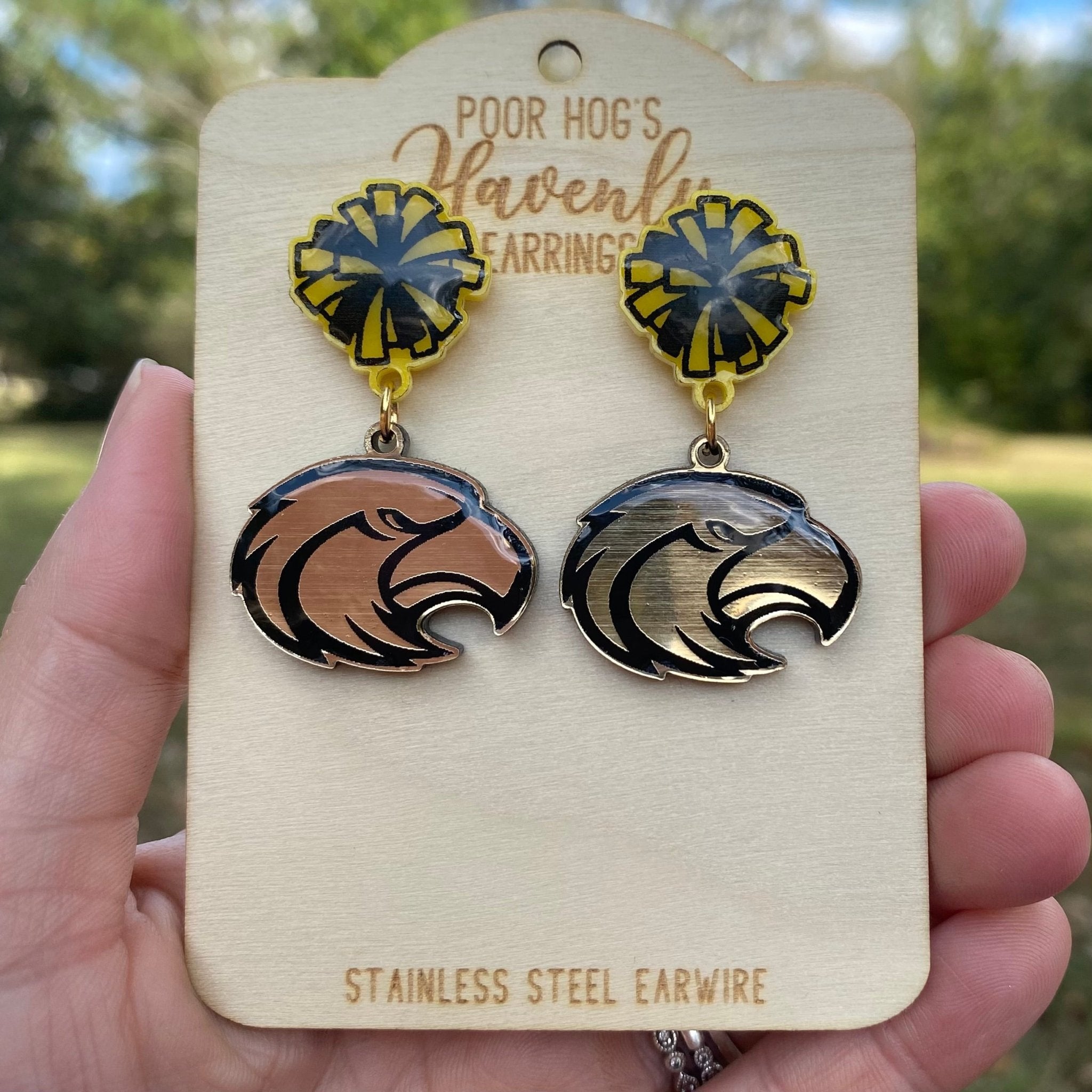 Eagle Mascot and Pom Pom Acrylic Drop Earrings with Stainless Steel Posts