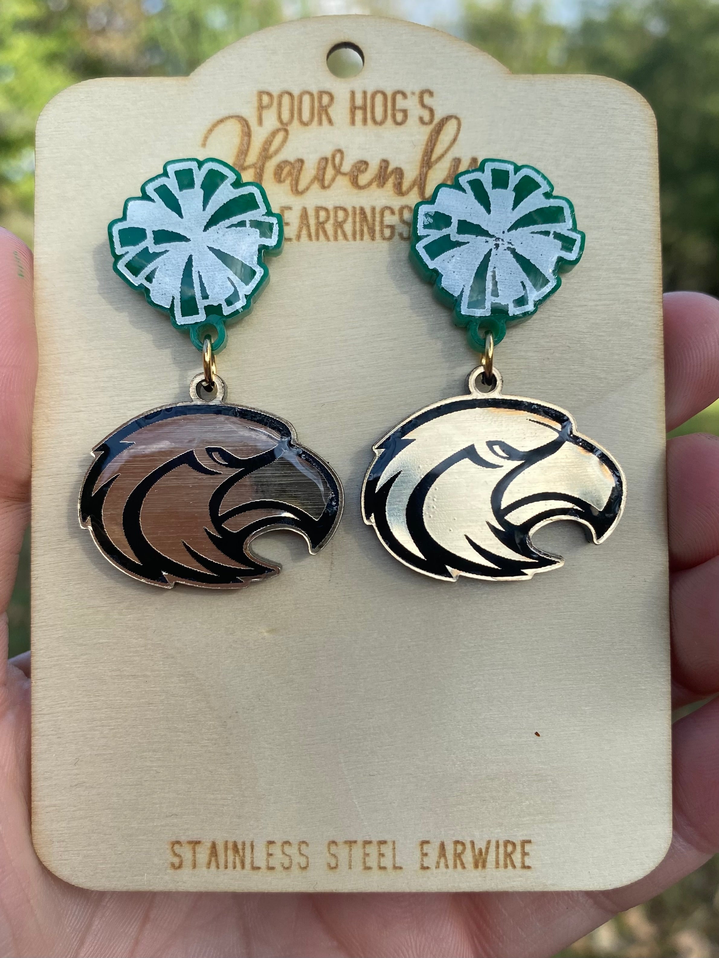 Eagle Mascot and Pom Pom Acrylic Drop Earrings with Stainless Steel Posts