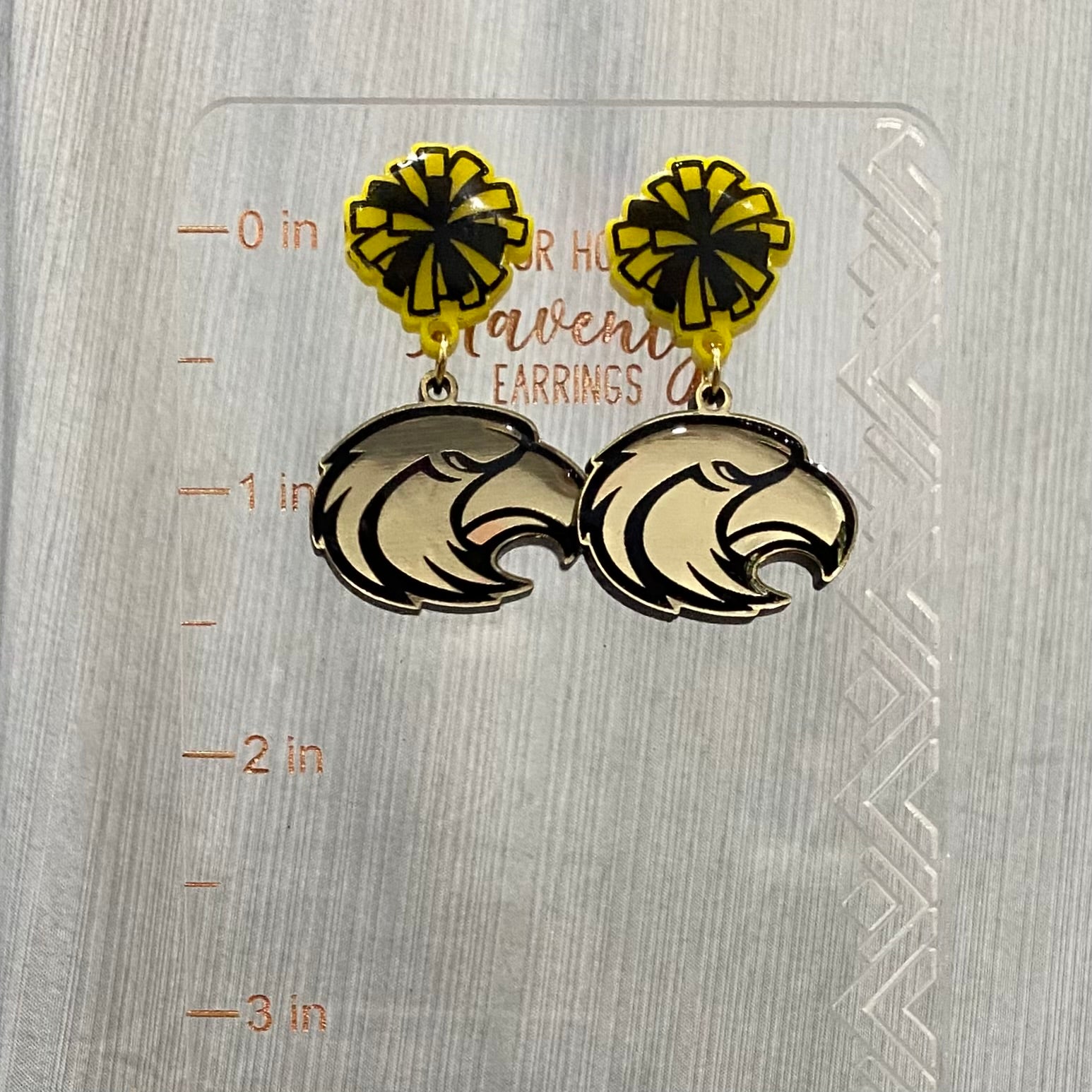 Eagle Mascot Pom Pom Earrings: Gold Eagle & Black/Yellow Pom Acrylic Dangle Earrings | Main Street Collective