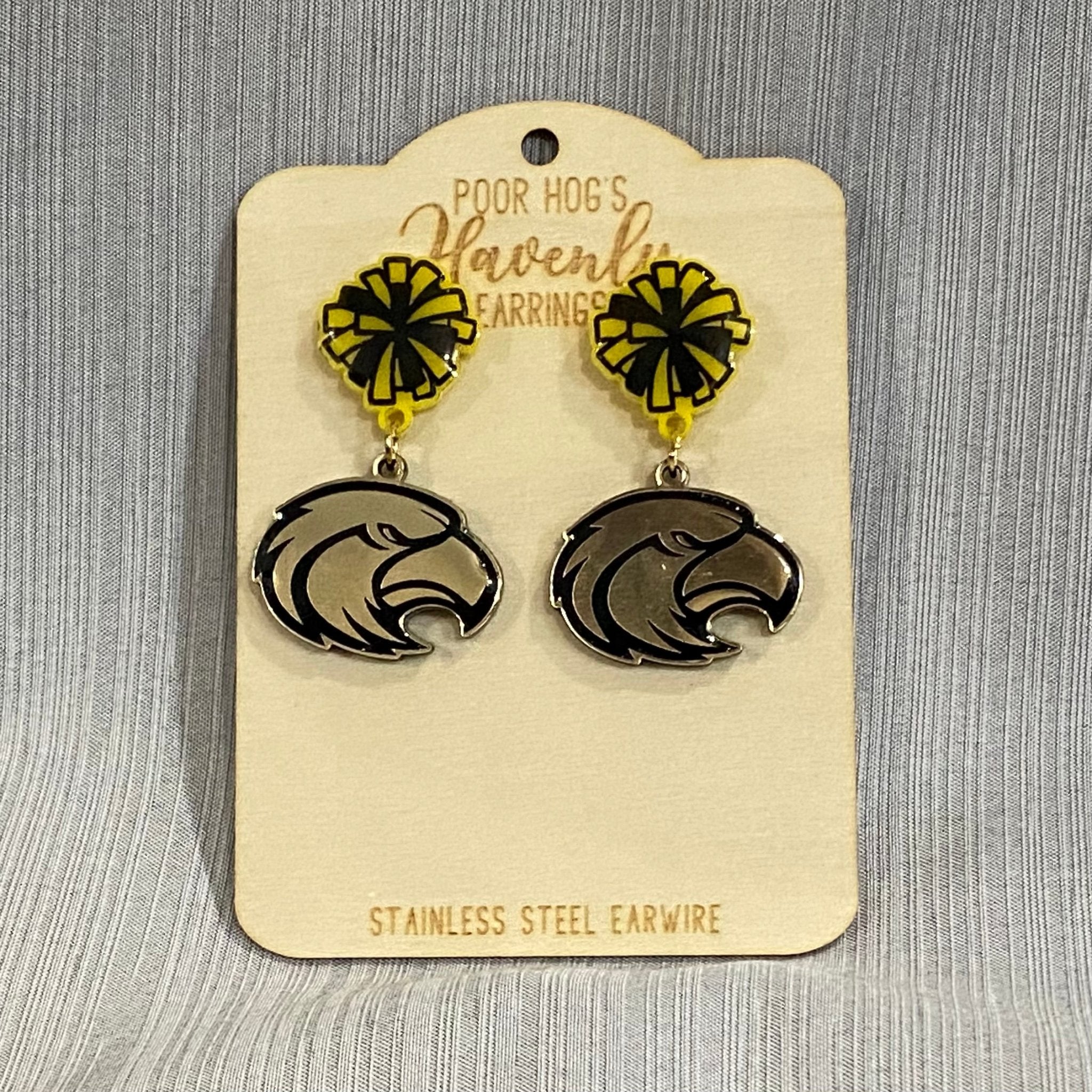 Eagle Mascot Earrings: Black & Yellow Pom Pom and Gold Eagle Acrylic Drop Earrings, School Spirit Jewelry