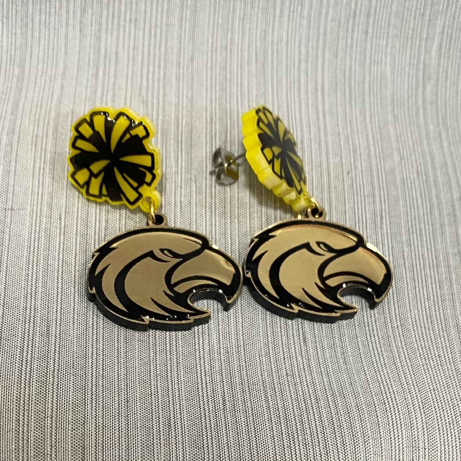 Gold Eagle Mascot Earrings: Black & Yellow Pom Pom Acrylic Drop Earrings with Stainless Steel Posts - Cheerleader Jewelry
