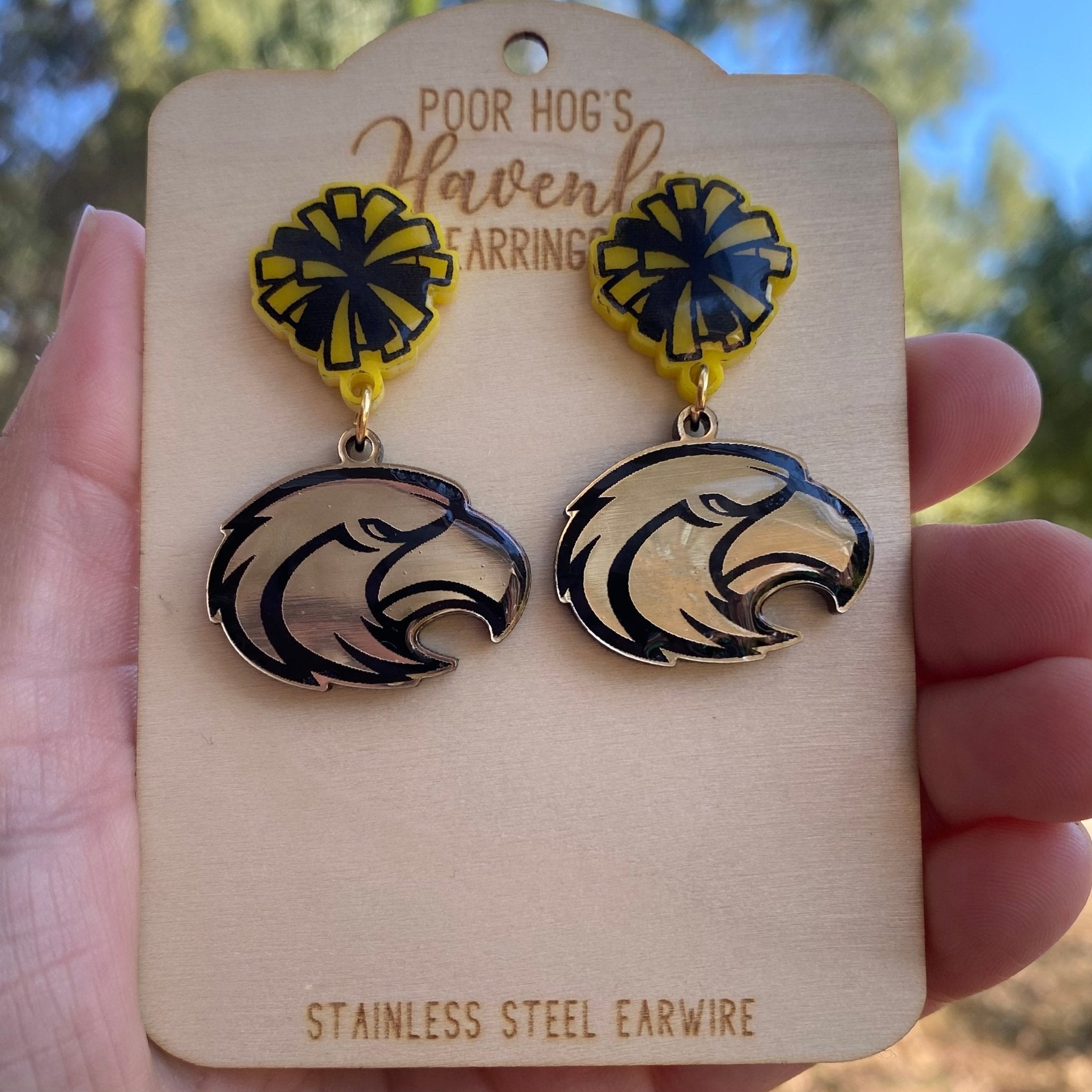 Gold Eagle Mascot Earrings: Black & Yellow Pom Pom Acrylic Drop with Stainless Steel Ear Wires - School Spirit Jewelry