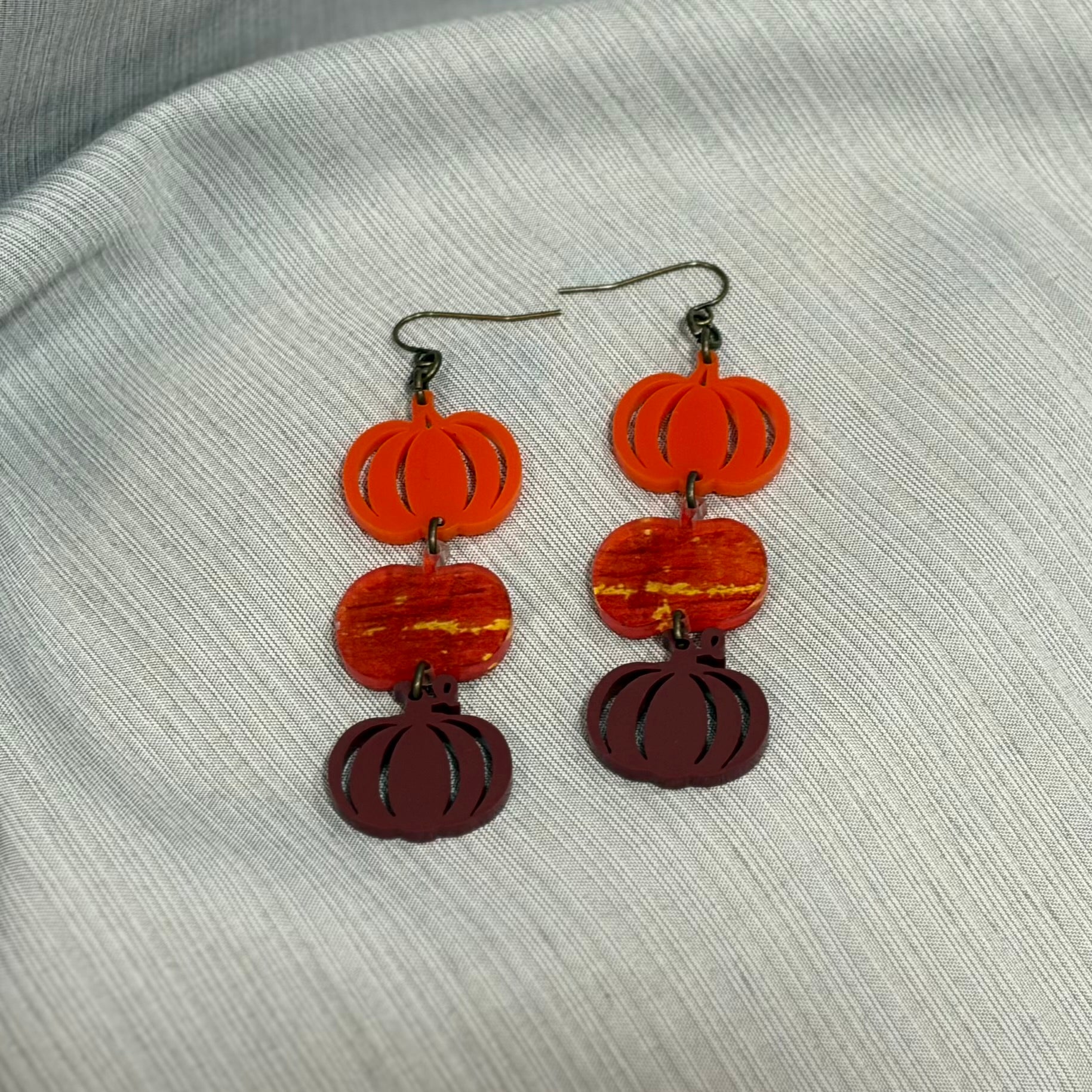 Stacked Pumpkin Earrings: Orange, Amber & Maroon Acrylic Handmade Fall Jewelry by Main Street Collective. Hypoallergenic earwires.