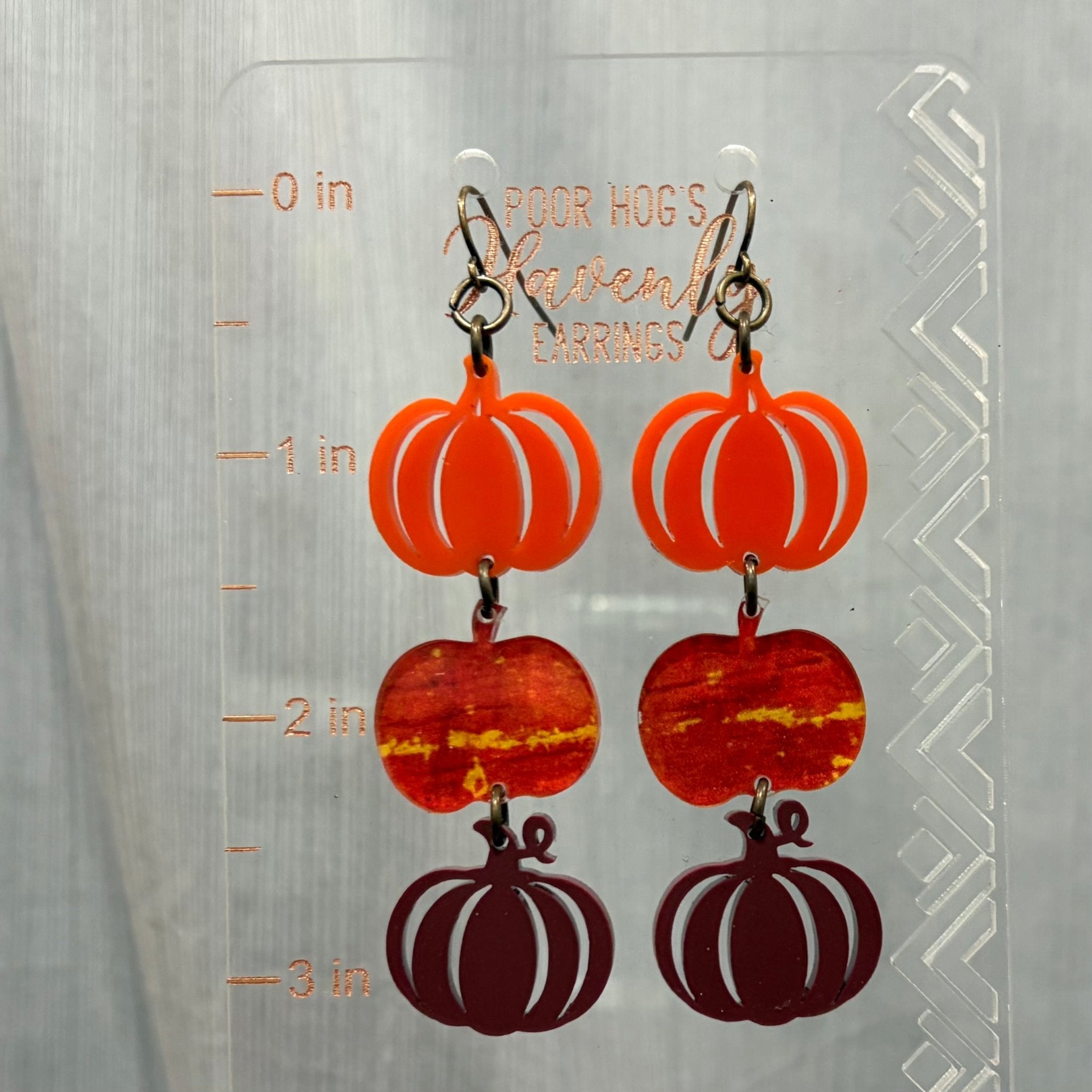 Autumn Acrylic Dangle Earrings: Stacked Pumpkins, Orange, Amber, Maroon. Fall Fashion Accessories.