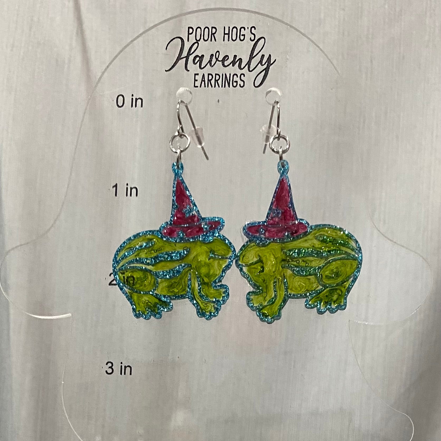 Summerween Watermelon Frog Wearing Pointed Hat Resin Filled Acrylic Dangle Earrings with Stainless Steel Earwire