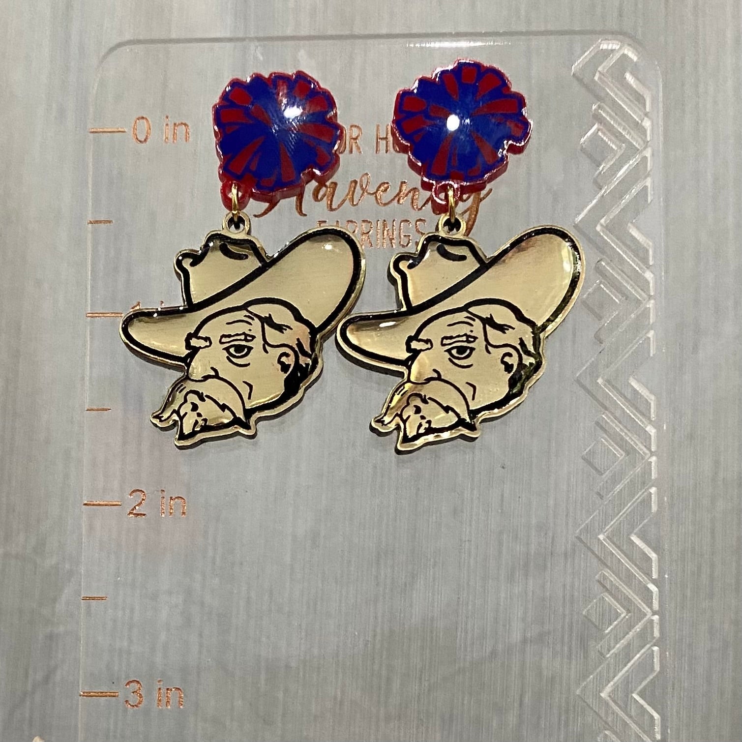 Gold Rebel Mascot Earrings: Red & Blue Pom Pom Acrylic Drop Earrings with Stainless Steel Posts