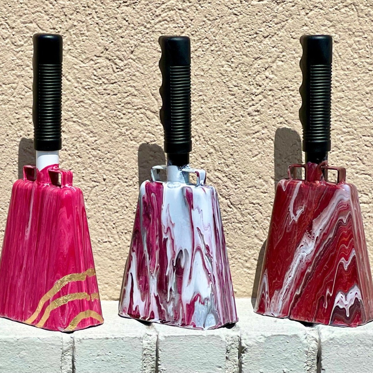 Hand-painted Cowbells: Set of 3 marbled celebration noisemakers for sports, party, & unique home decor.