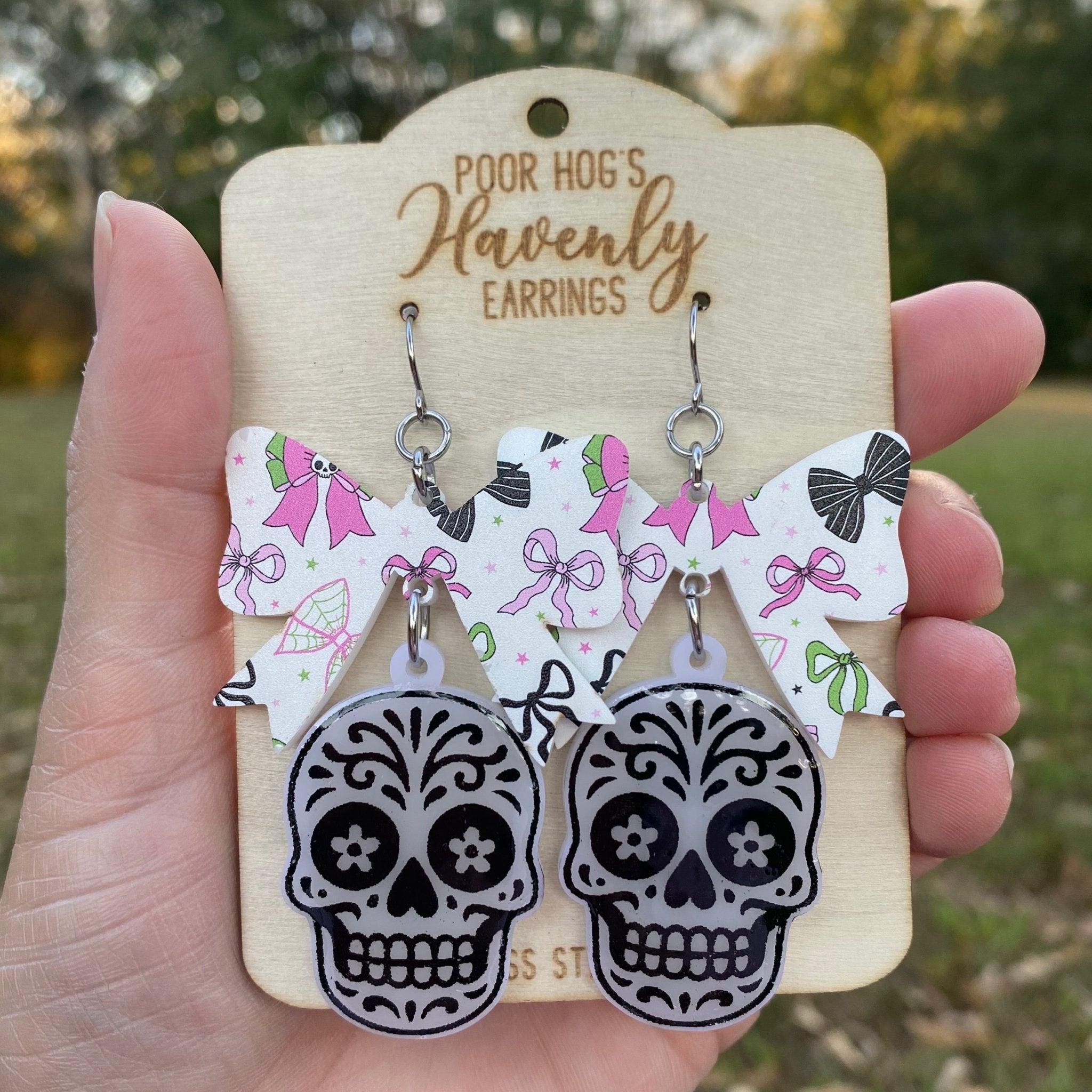 Sugar Skull with Festive Bow Acrylic Dangle Earrings for Halloween