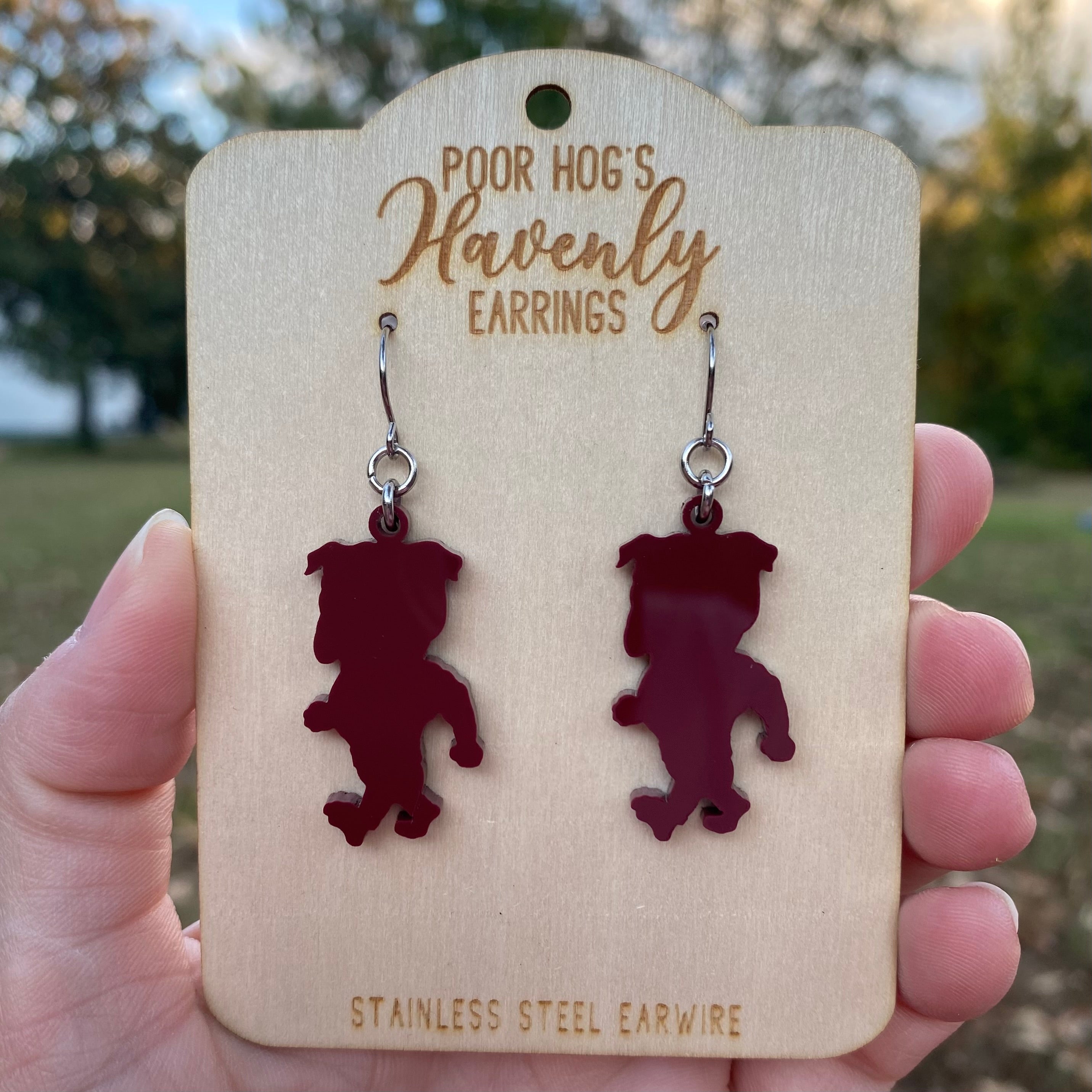Maroon Bulldog Acrylic Dangle Earrings with Stainless Steel Earwire – Mississippi Game Day Spirit Jewelry