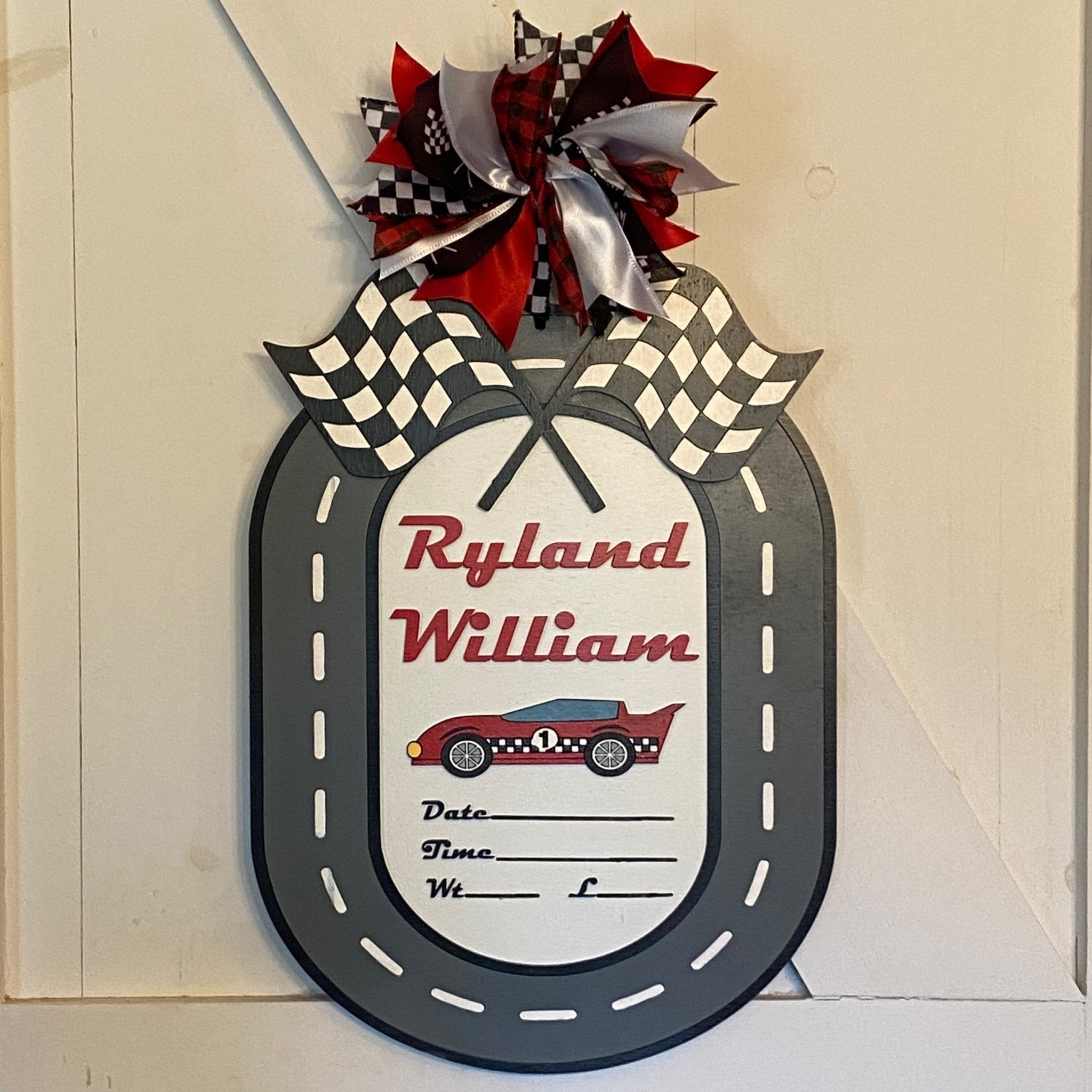 Racing Car Birth Announcement Door Hanger - Personalized Baby Gift by Main Street Collective