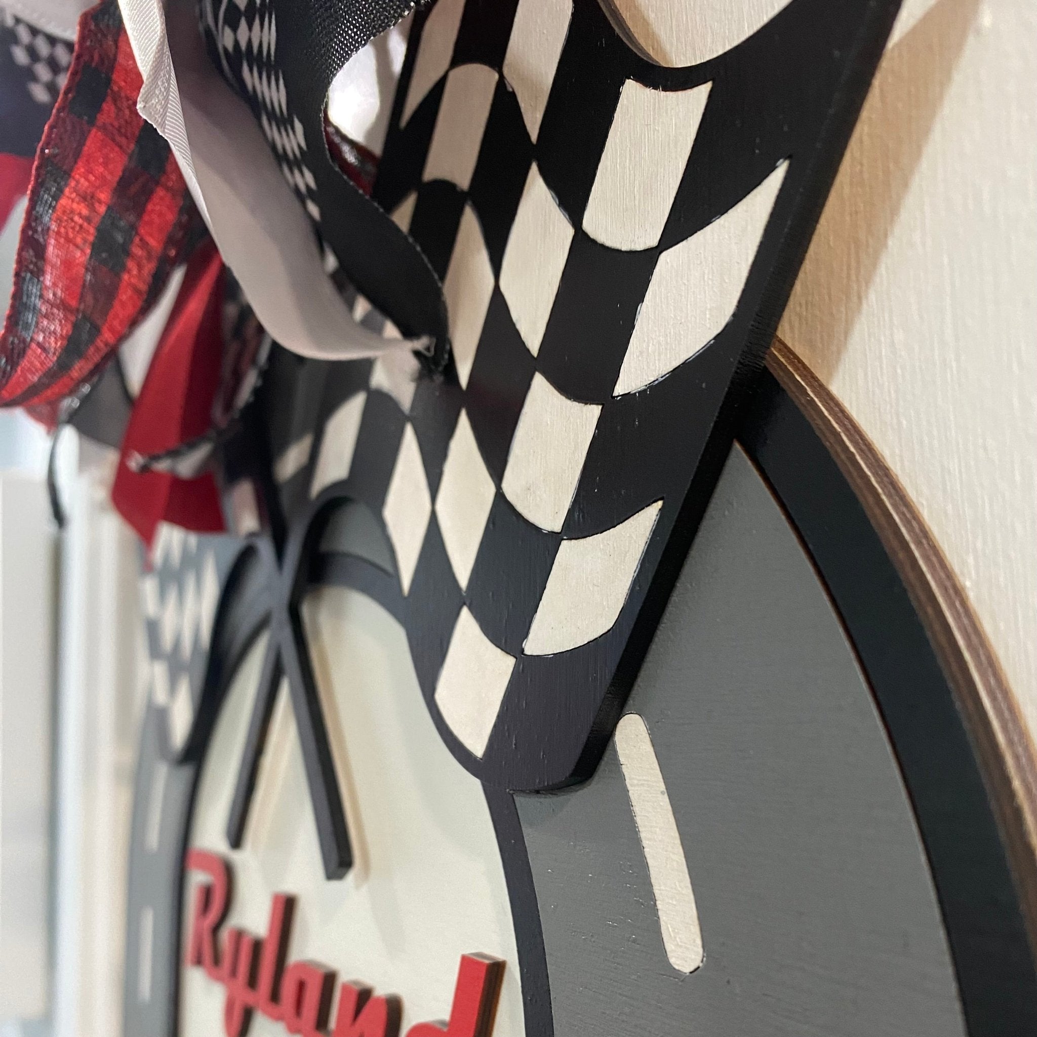 Personalized Racing Car Birth Announcement Door Hanger - Baby Hospital Sign with Checkered Flags and Custom Name.