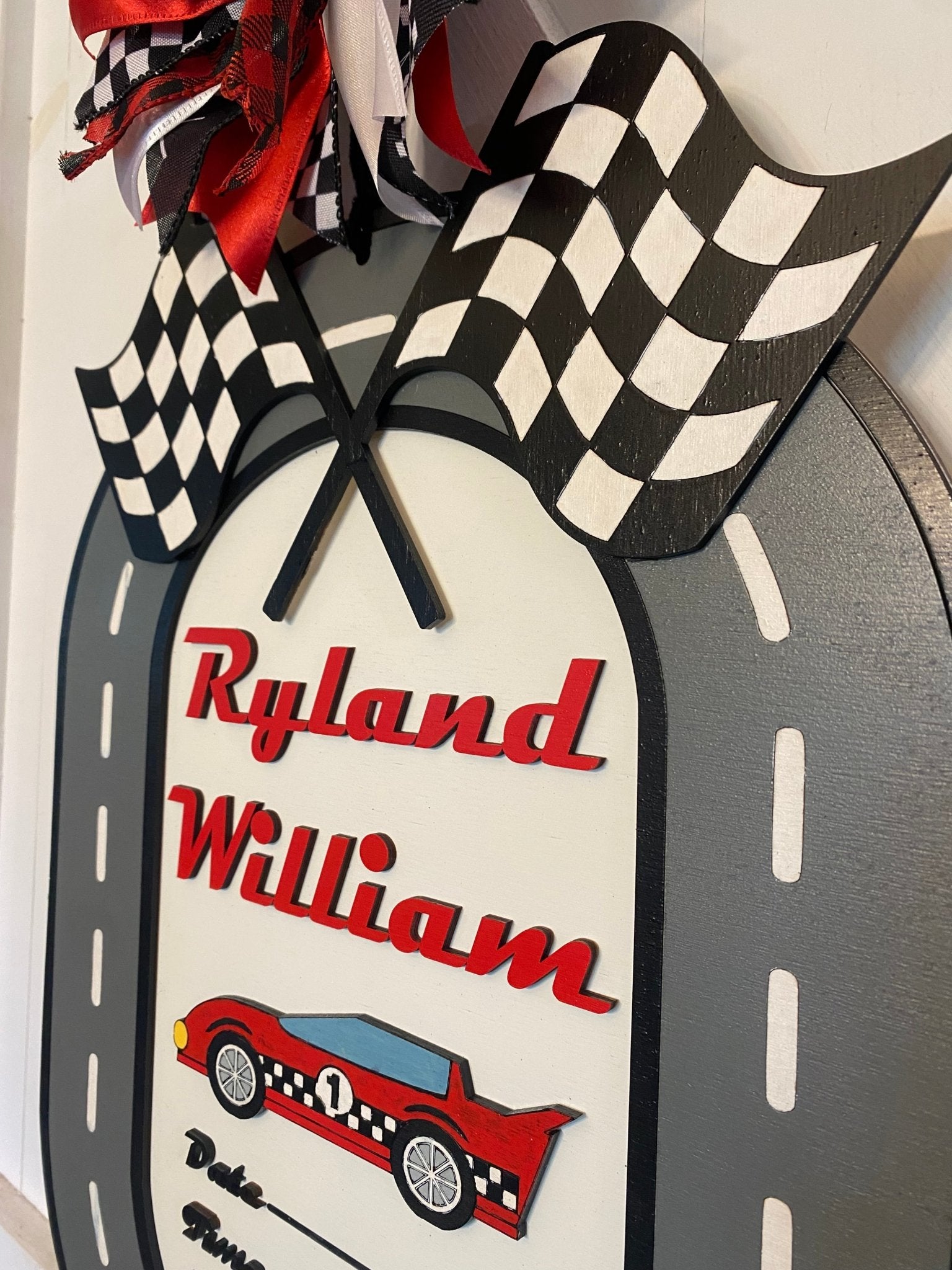 Personalized Racing Car Birth Announcement Door Hanger - Custom Baby Name Sign