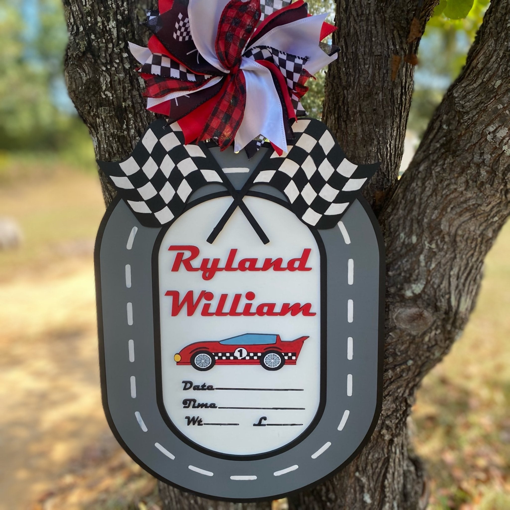 Personalized Racing Car Birth Announcement Door Hanger | Baby Hospital Sign