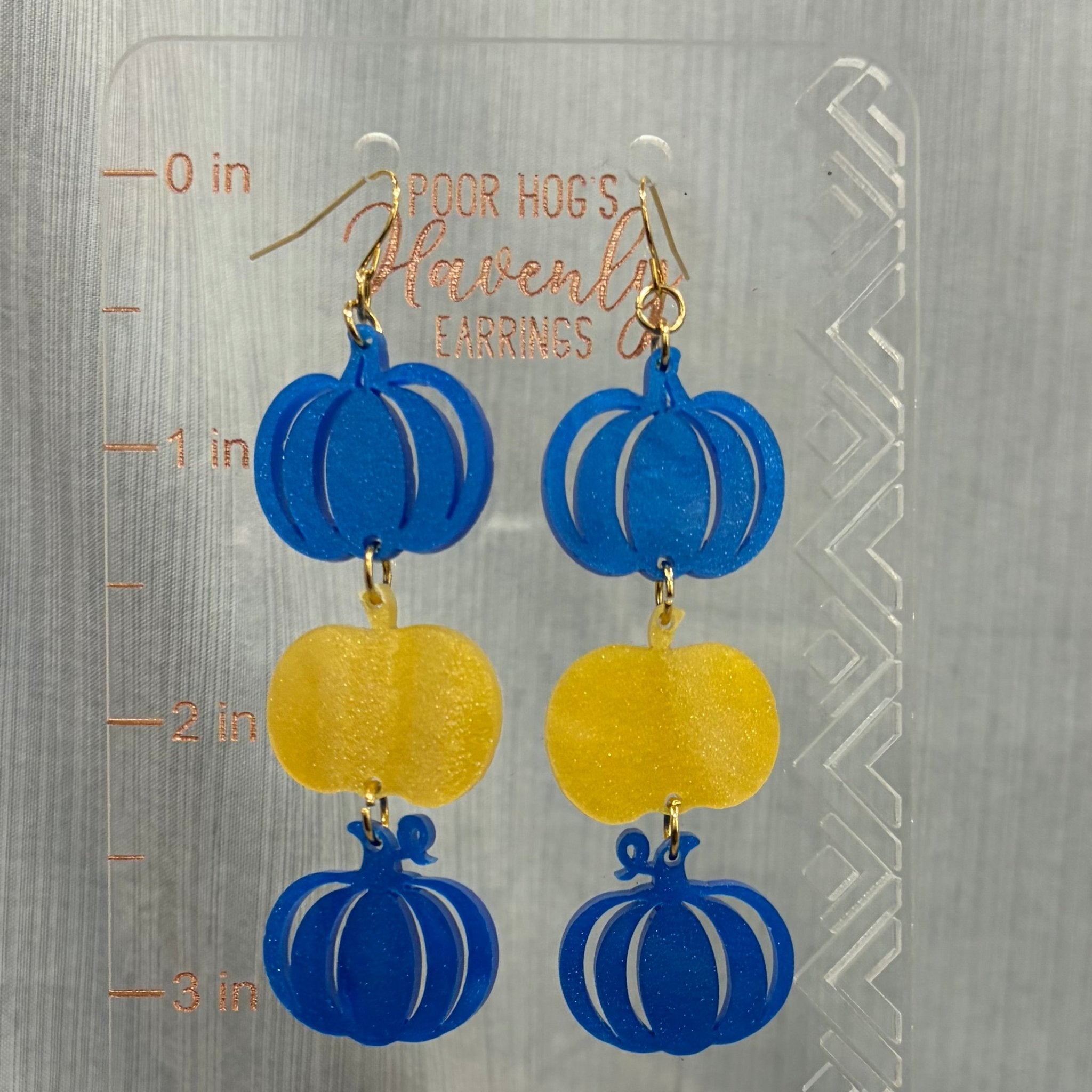 Blue & Yellow Pumpkin Dangle Earrings: Handmade Acrylic, Statement Jewelry