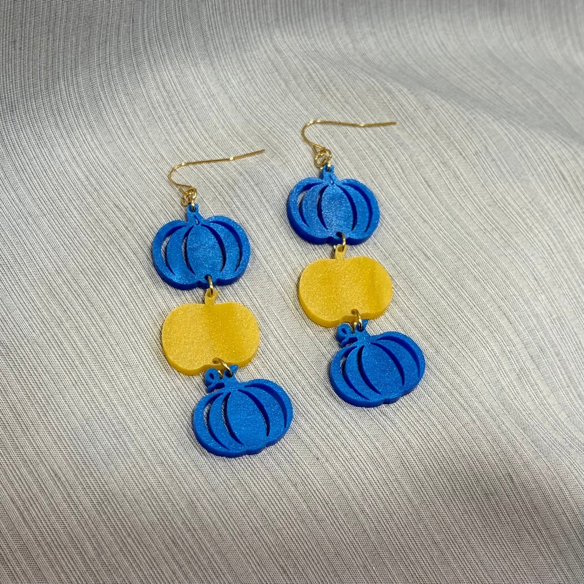 Blue & Yellow Pearl Acrylic Pumpkin Dangle Earrings - Handmade, Fall Fashion Jewelry, Main Street Collective