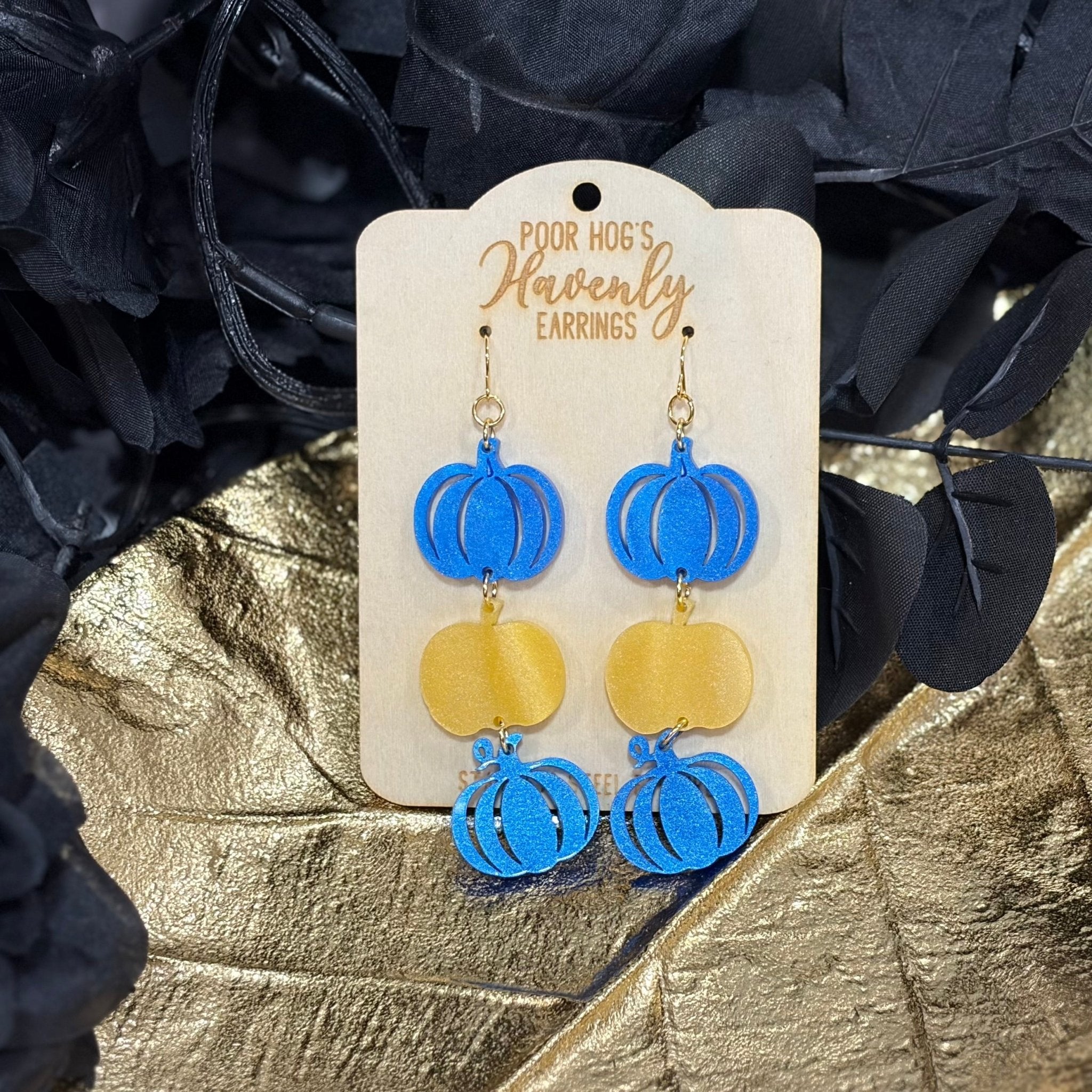 Yellow and Blue Pearl Acrylic Stacked Pumpkins Dangle Earrings