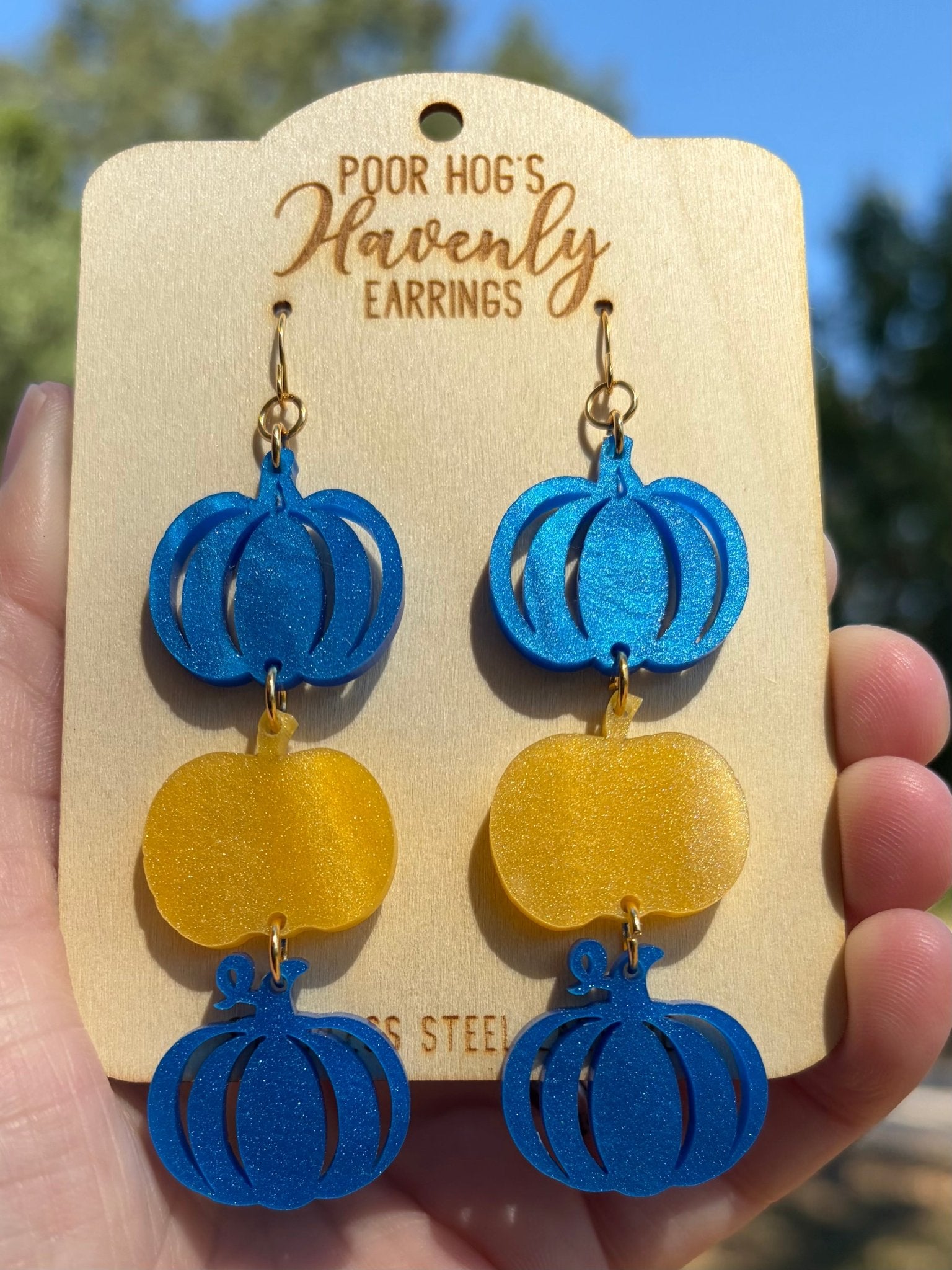 Yellow and Blue Pearl Acrylic Stacked Pumpkins Dangle Earrings