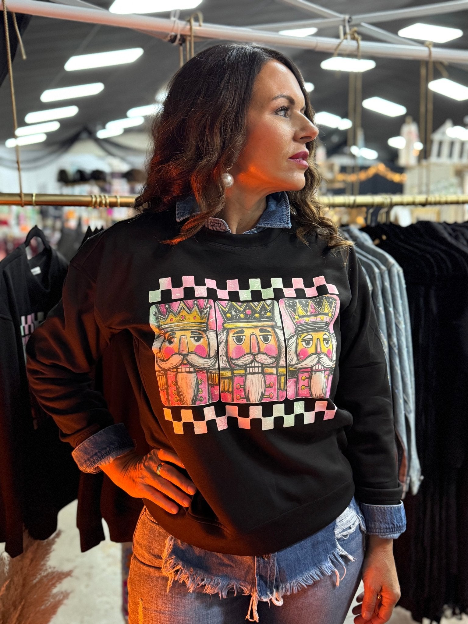 Nutcracker Christmas Zenana Sweatshirt (Black): Woman modeling festive sweater at Main Street Collective