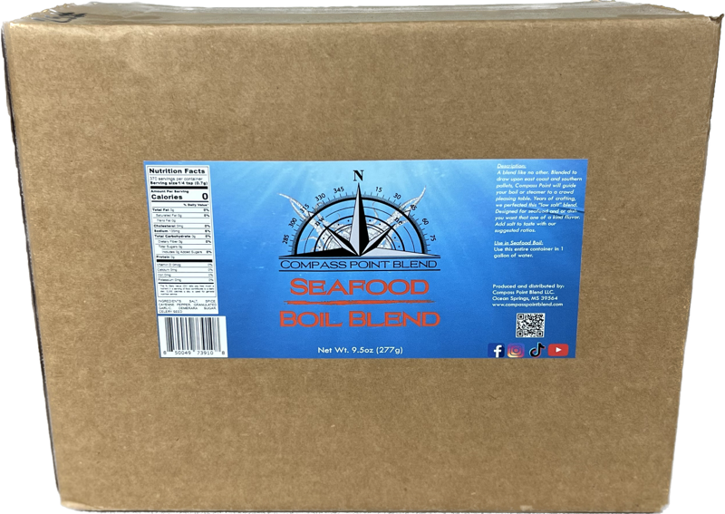 Compass Point Seafood Boil Blend: 9.5oz Box. Delicious seafood seasoning for shrimp, crab, and crawfish. Enhance your cooking today!