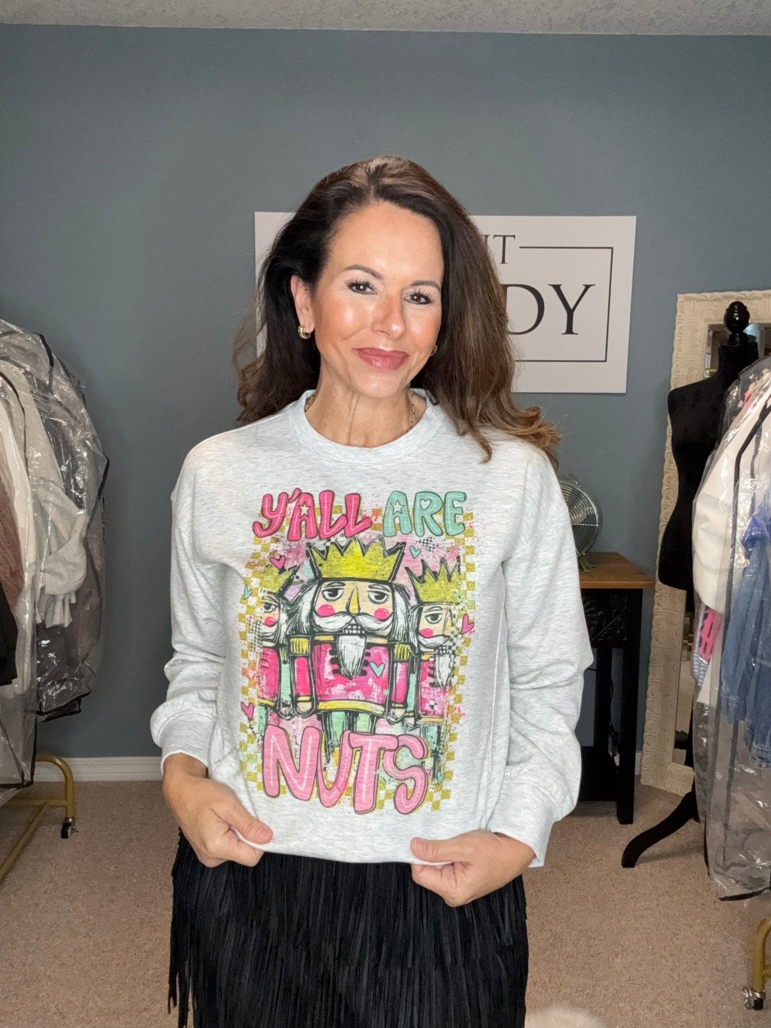 Y’all Are Nuts Christmas Zenana Sweatshirt (Grey)