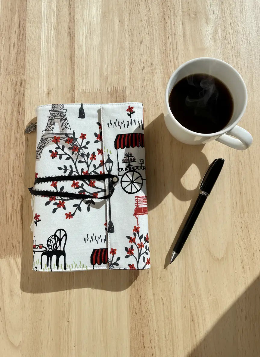 Hand-sewn journal with Paris themed fabric, black lace tie closure, cup of coffee and pen on wooden table.