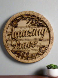  Laser engraved inspirational decor – close-up of flowing script on Amazing Grace plaque, highlighting natural wood grain.