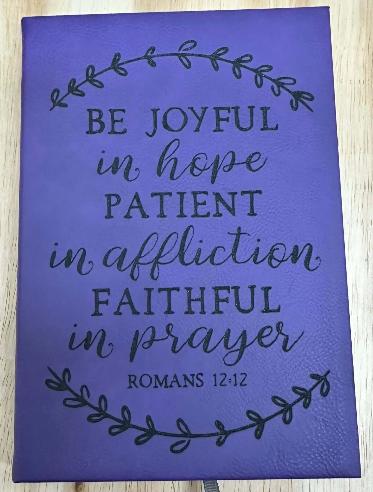 Faith Journal: Romans 12:12 Engraved Purple Leather Journal - Religious Gift