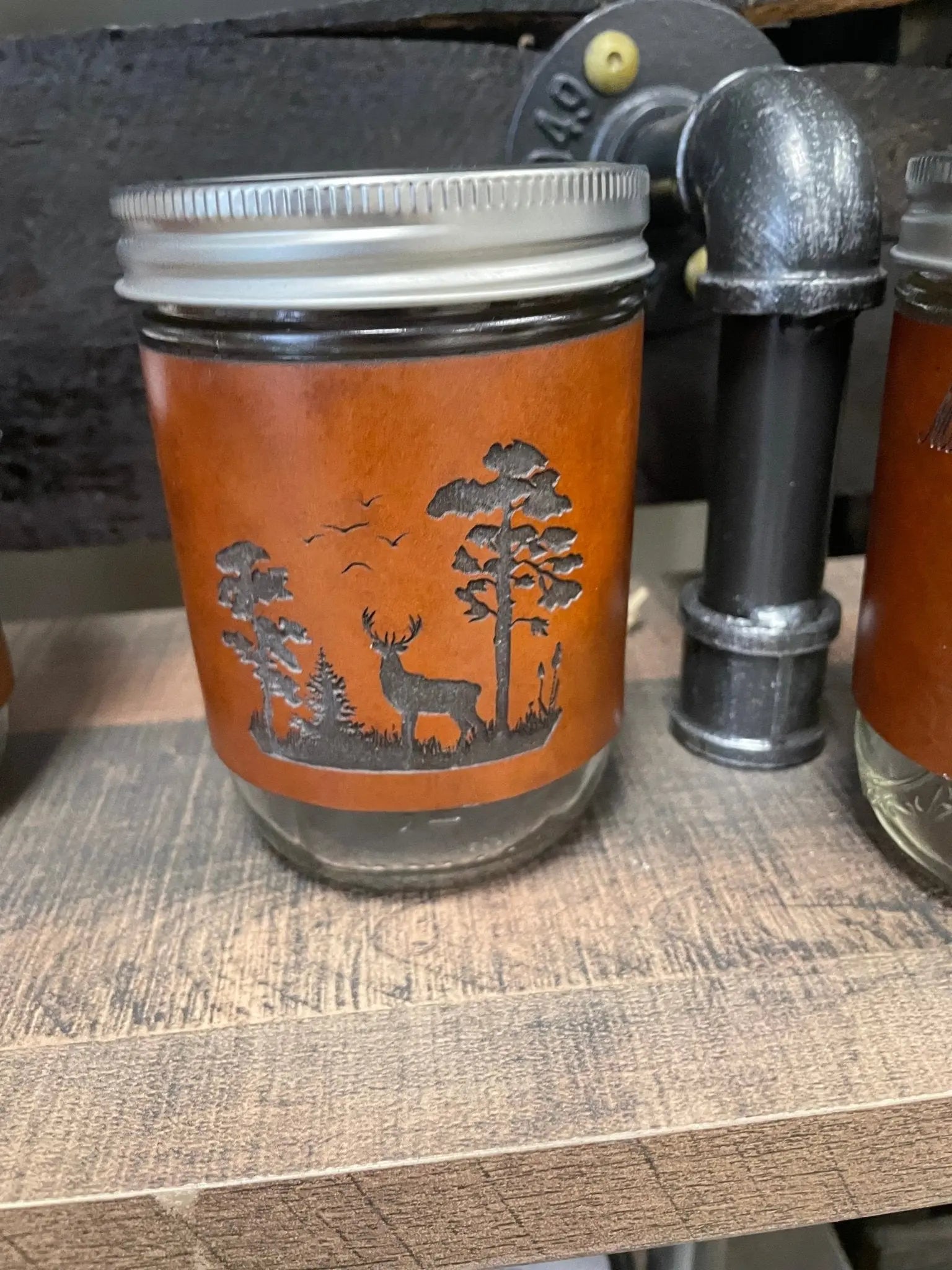 Custom Leather Wrapped Mason Jar Mug - Deer Engraved Coffee Cup, rustic handcrafted drinkware.
