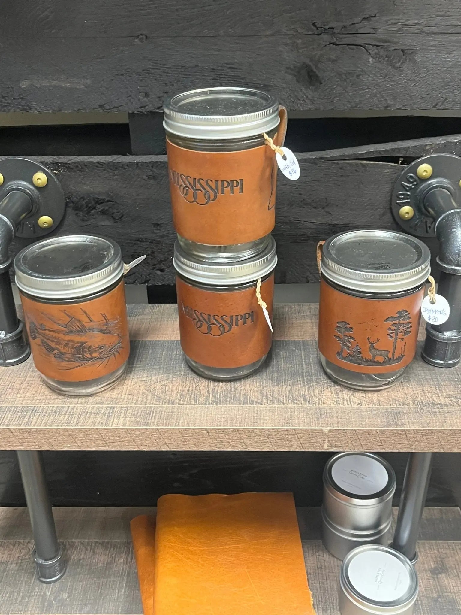 Leather Wrapped Mason Jar Mugs - Mississippi Designs, Handcrafted at Main Street Collective
