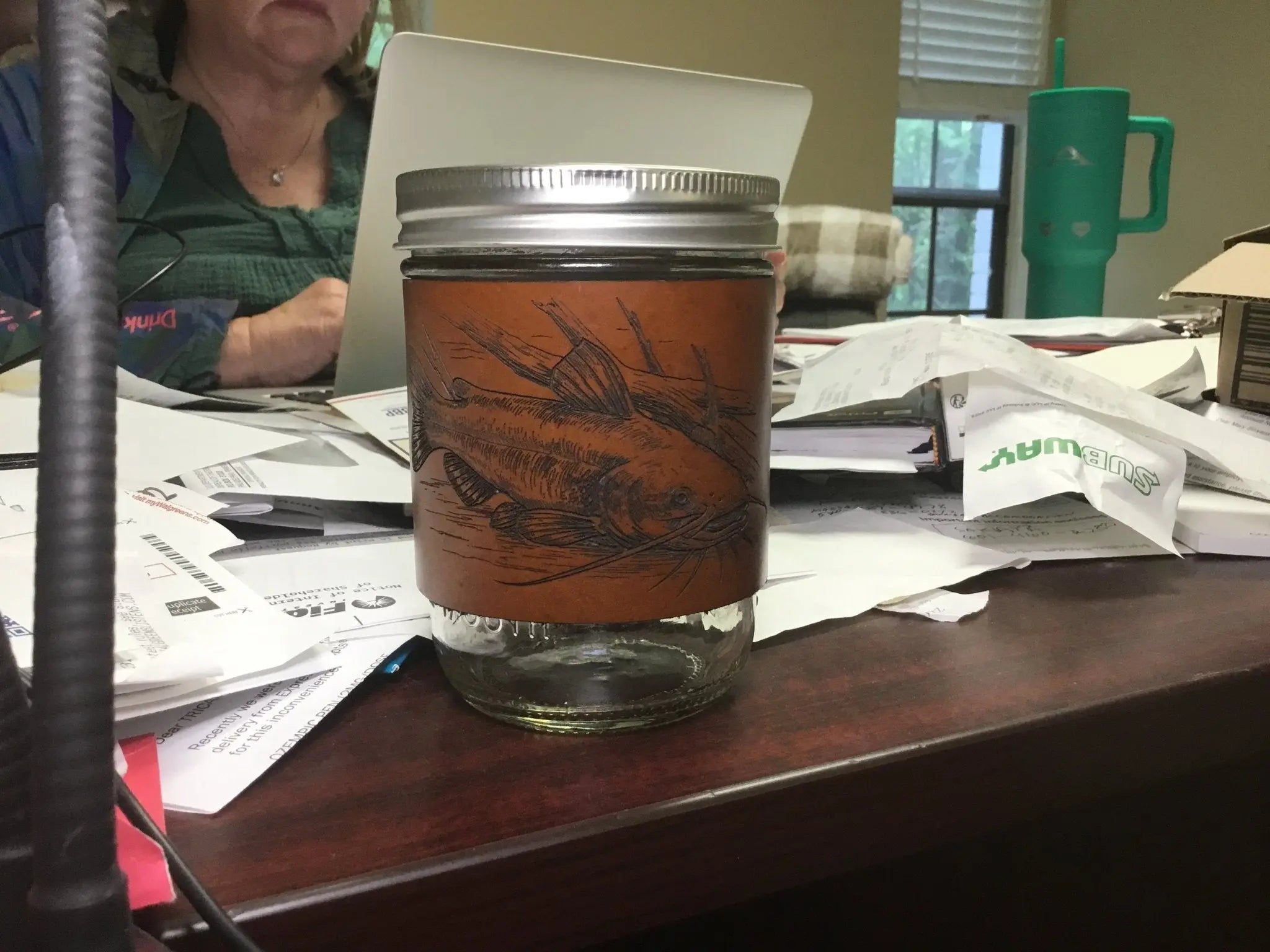 Handcrafted Leather Wrapped Mug with Catfish Design - Mississippi Made Mason Jar Coffee Mug