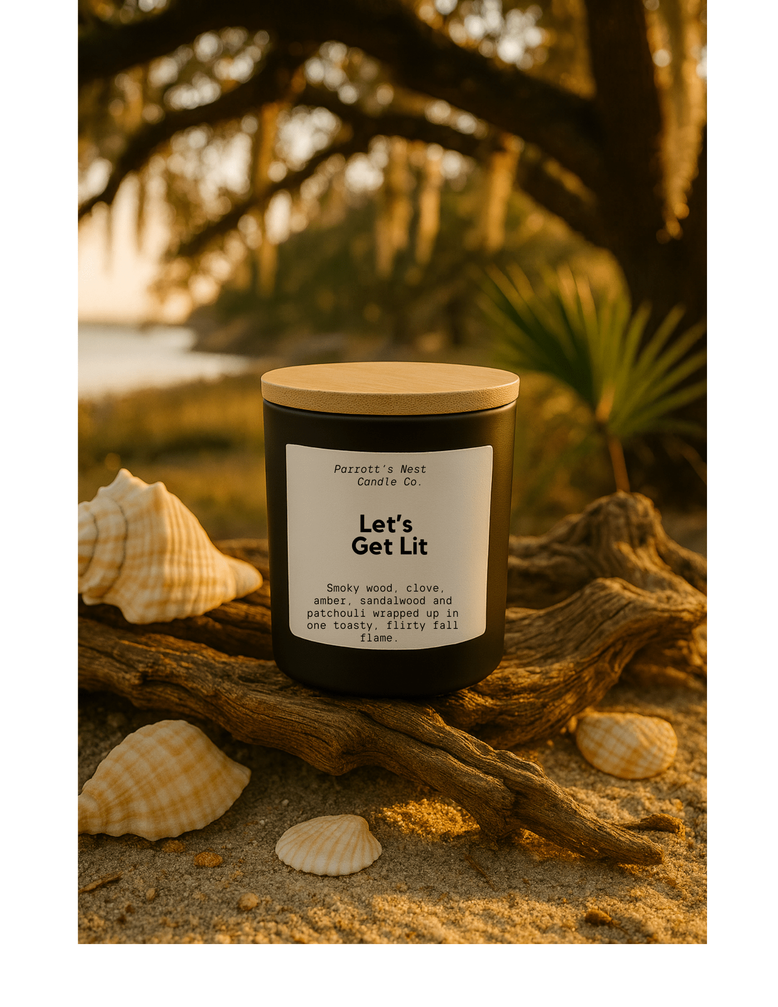 Let's Get Lit Soy Candle by Parrott's Nest: Smoky Wood & Clove Fall Scent with Beach Vibes