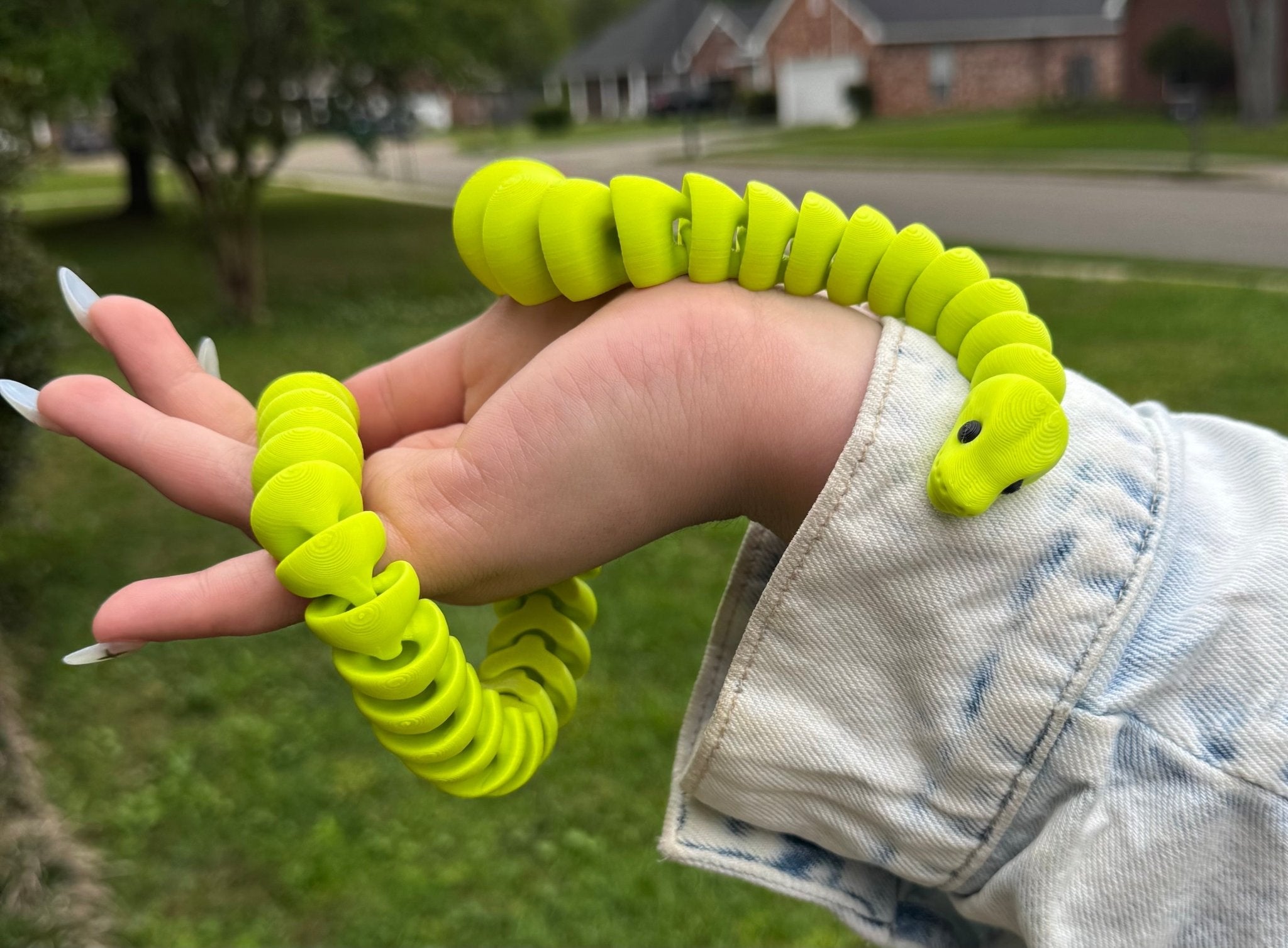 Green Snake Fidget Toy: 3D Printed Flexible Sensory Toy for Stress Relief - Handmade in Mississippi