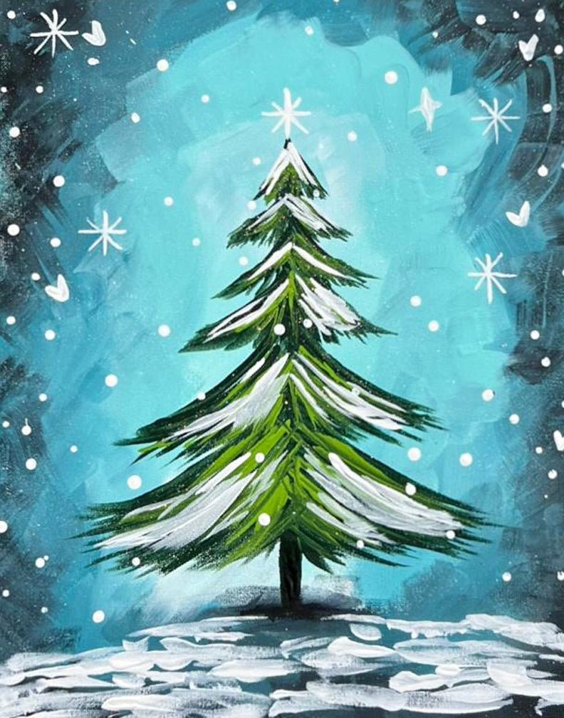 Christmas Tree Painting: Snowy Winter Scene with Hand-Painted Artwork