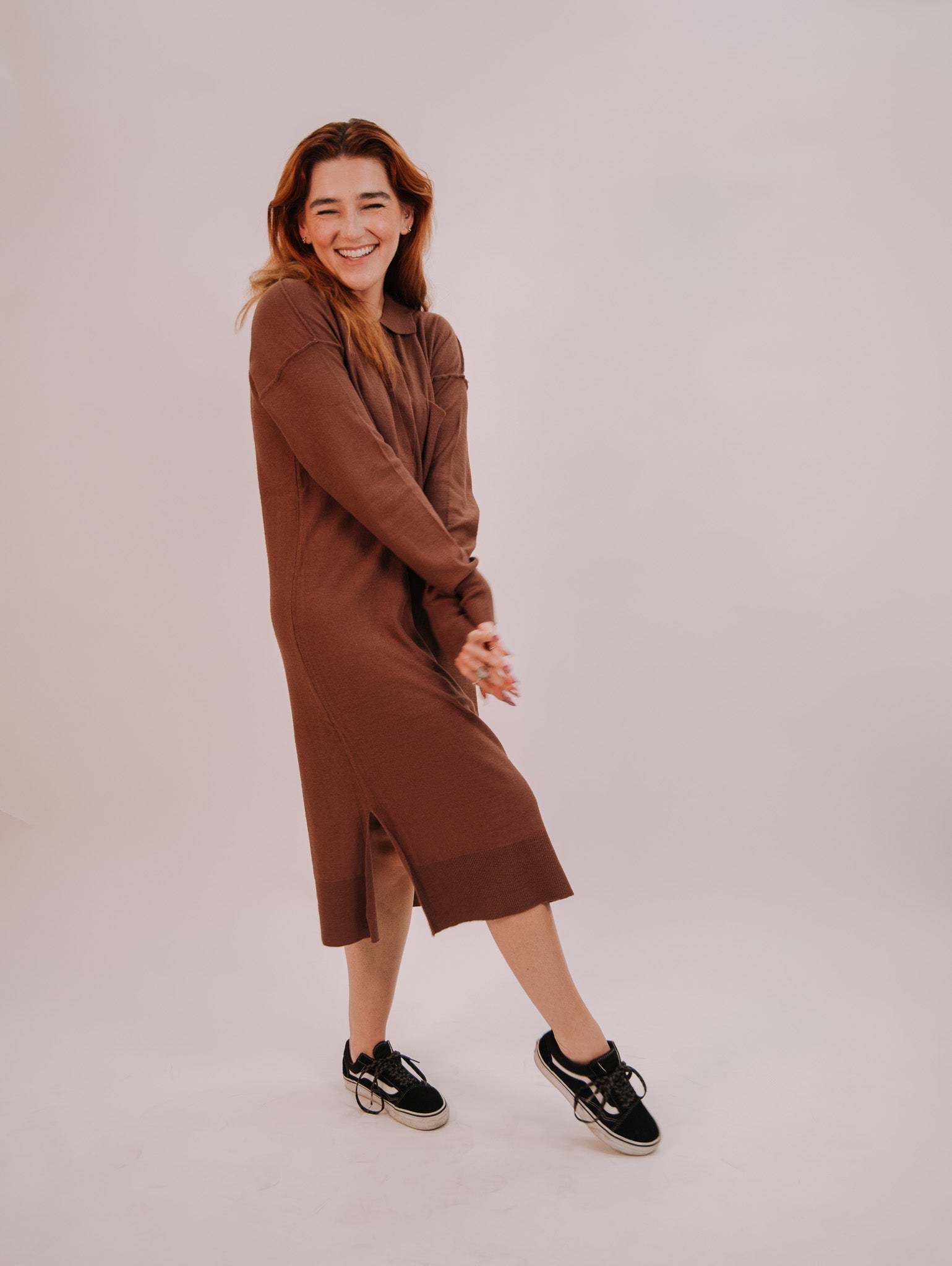By Together Knit Sweater Long Sleeve Collar Neck Dress - Chocolate