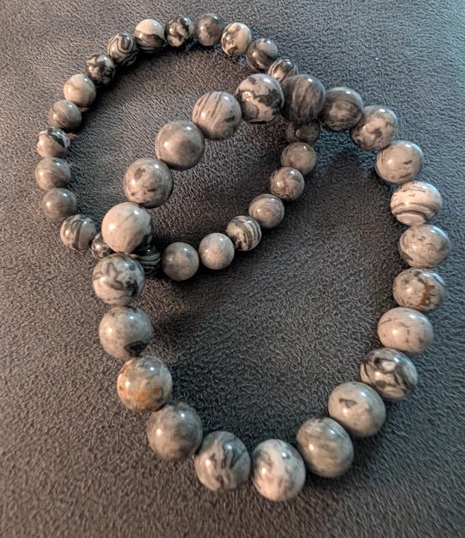 Map Jasper Mother & Child Bracelet Set - Gray Stone Beaded Bracelets, Handmade Jewelry Gift