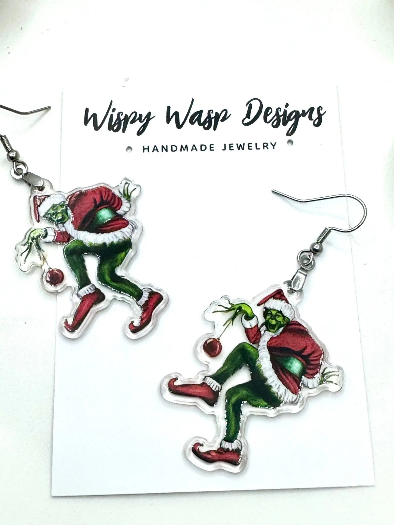 Grinch Earrings Handmade Christmas Jewelry Wispy Wasp Designs Hypoallergenic Lightweight Festive Fun