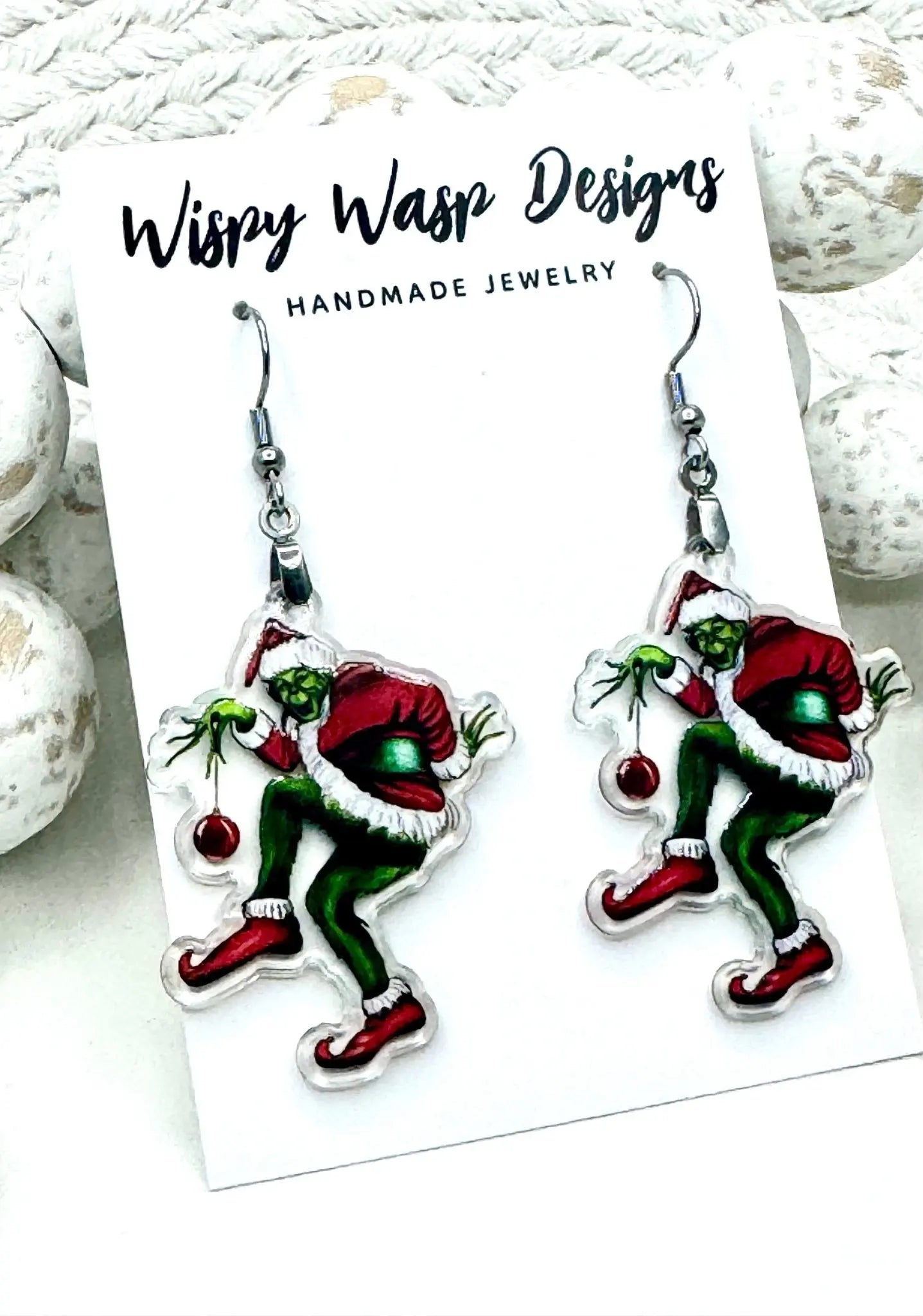 Grinch Christmas Earrings - Handmade Festive Jewelry by Wispy Wasp Designs