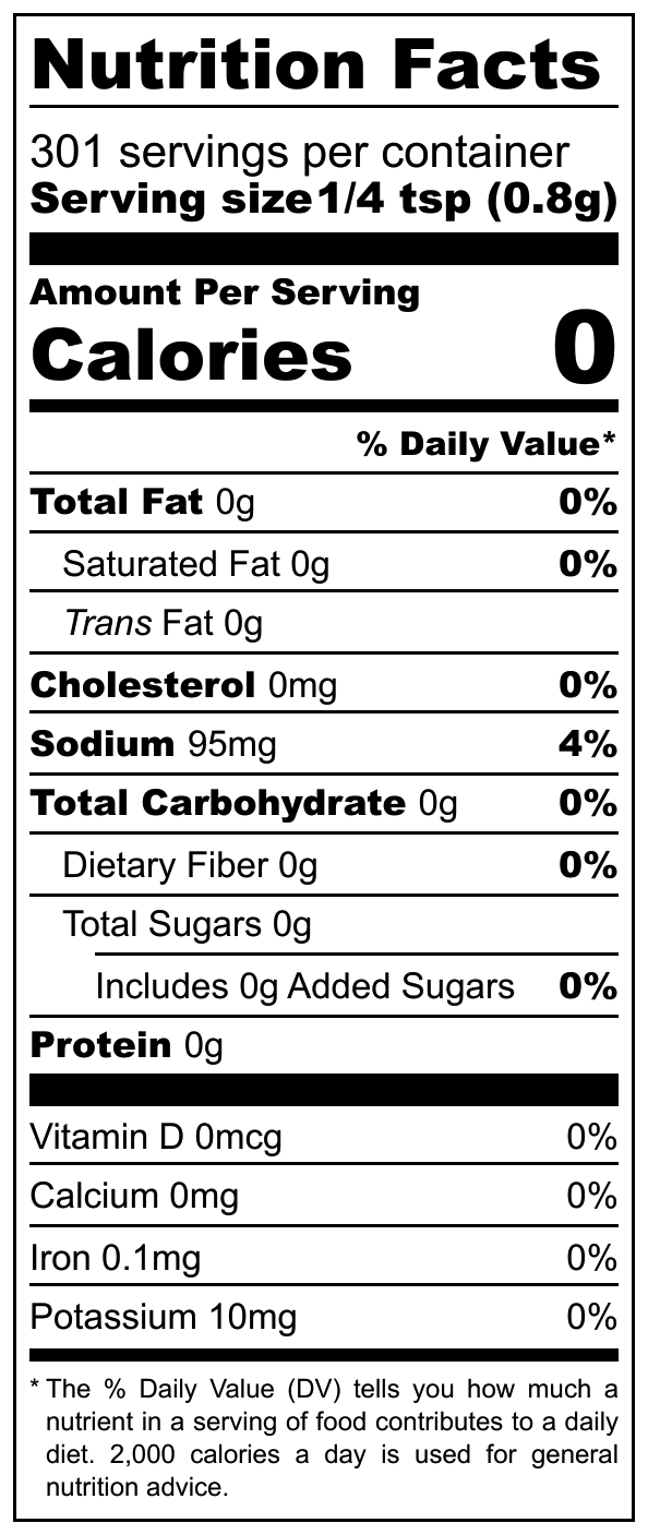Nutrition Facts Label: Calories 0, Serving Size 1/4 tsp. Sodium 4%.