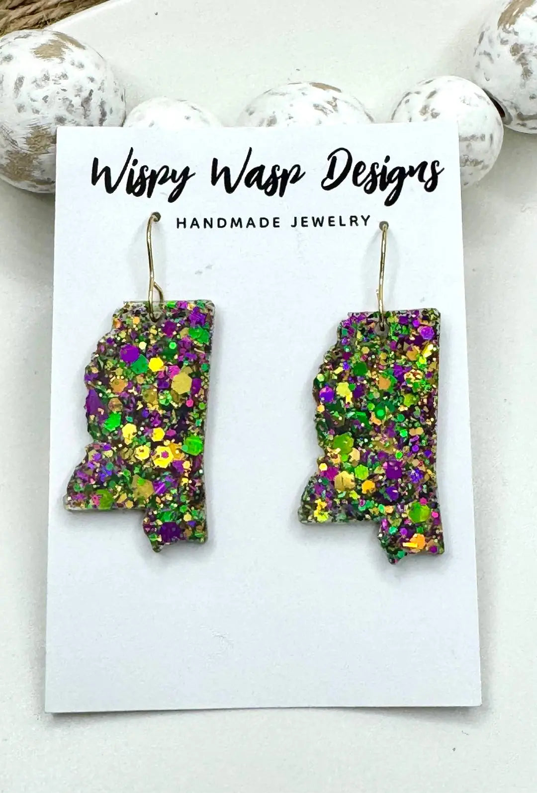 Mardi Gras Mississippi Earrings: Glitter State Shape Handmade Jewelry by Wispy Wasp Designs