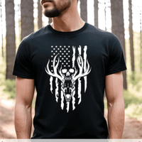 Front view of Mississippi handmade American Flag Deer Skull patriotic T-shirt in black– Southern handmade outdoor pride shirt
