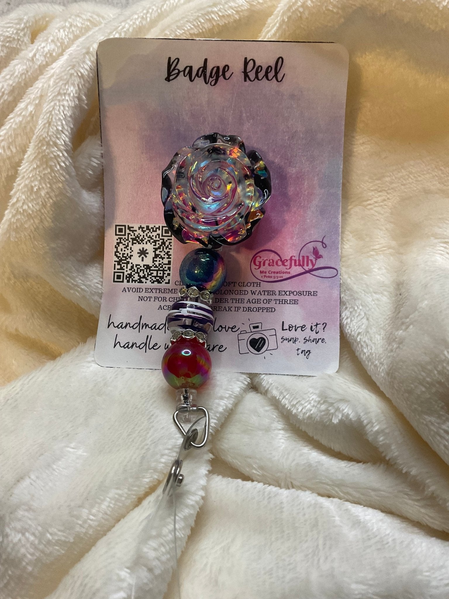 Floral Badge Reel: Black/Clear Flower, Handmade Mississippi Gift, Nurse/Teacher ID Holder