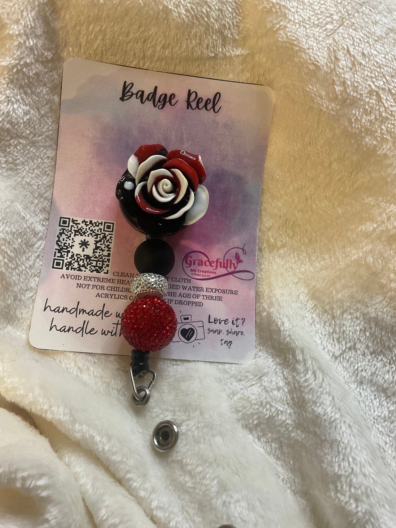 Handmade Black & Red Rose Badge Reel - Gracefully Me Creations - Floral Retractable ID Holder - Mississippi Made