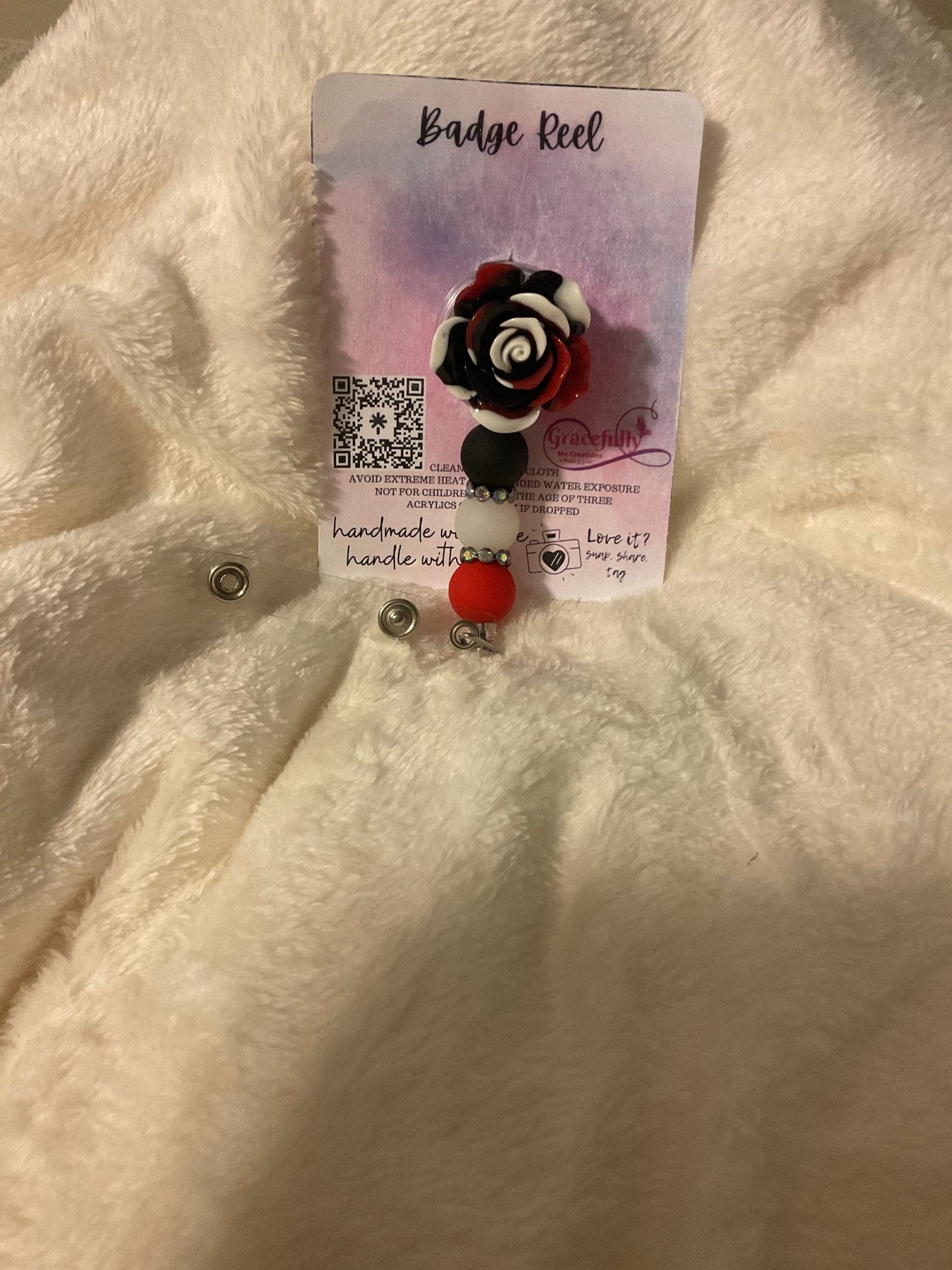 Handmade Badge Reel: Black & Red Flower. Nurse/Teacher Gift. Mississippi Craft. Floral ID Holder.