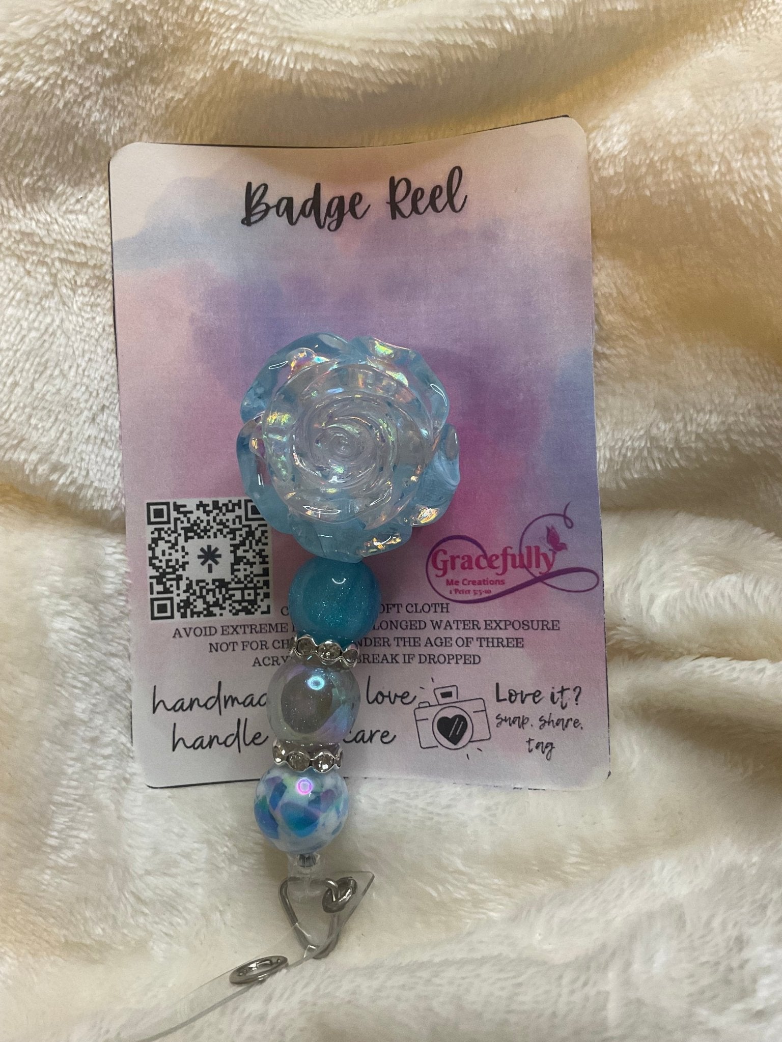 Blue Floral Badge Reel - Handmade Nurse/Teacher ID Holder - Gracefully Me Creations