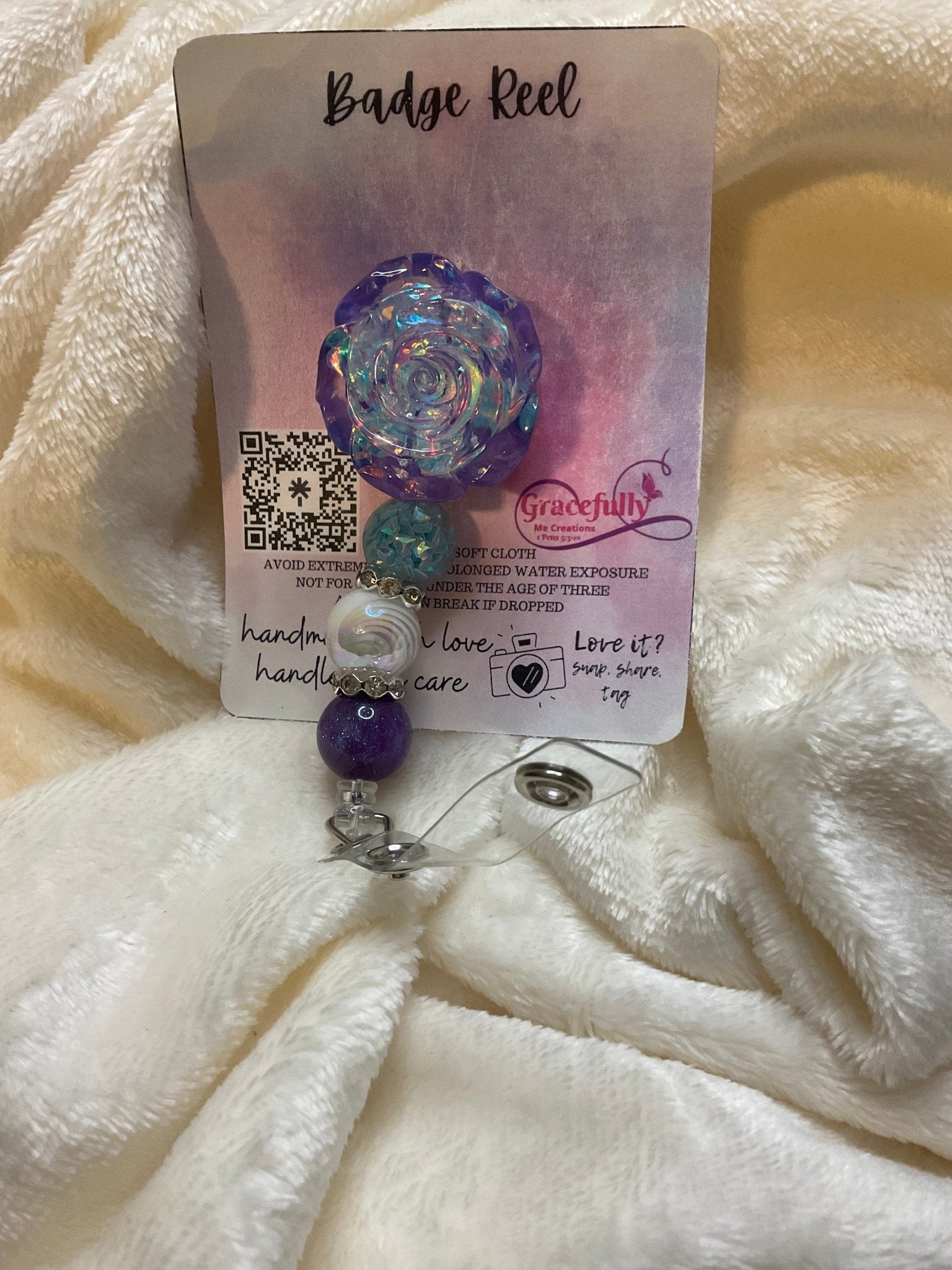 Blue Purple Flower Badge Reel - Handmade Retractable ID Badge Holder Nurse Teacher Gift
