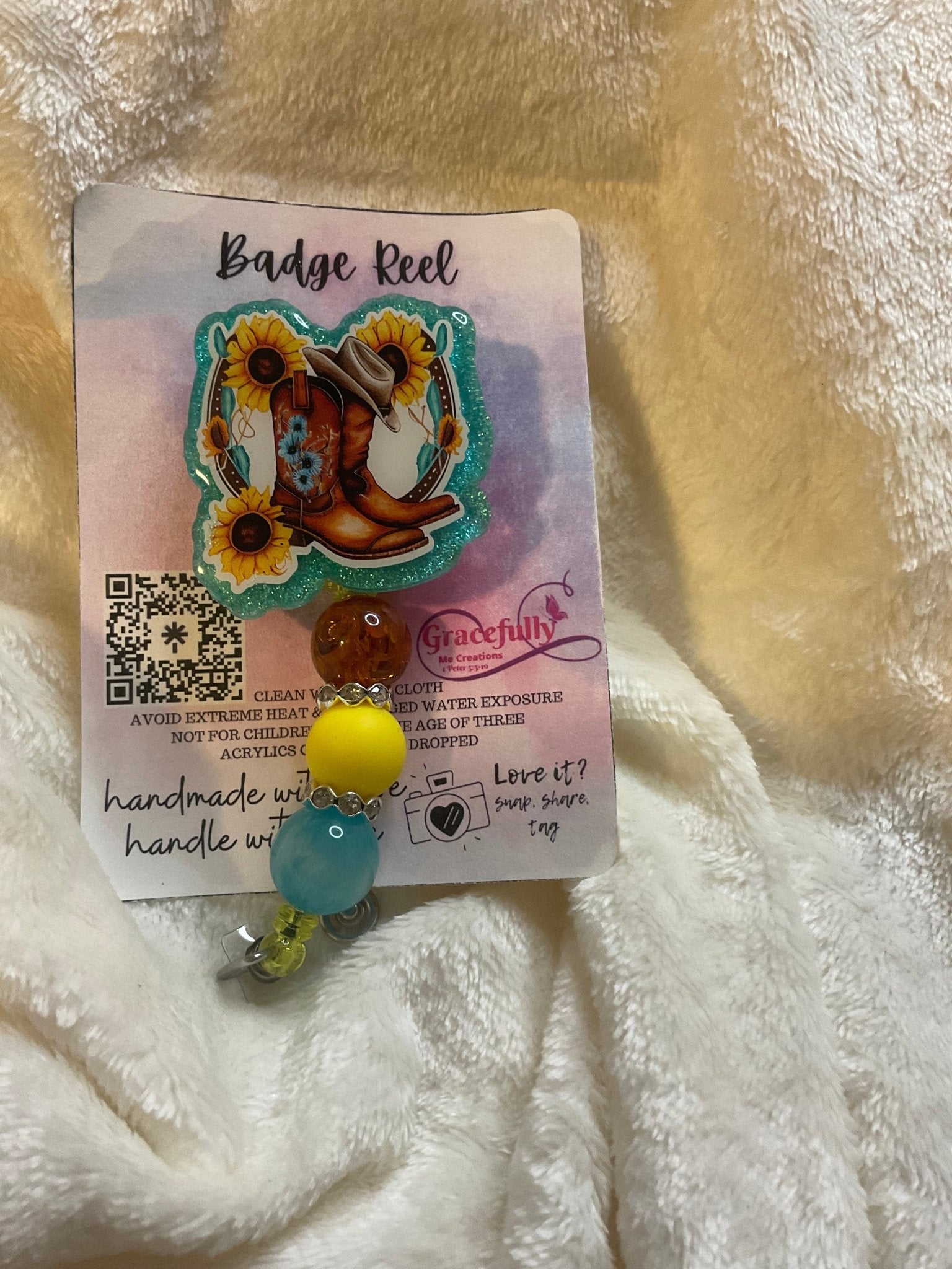 Cowboy Boots & Sunflowers Badge Reel - Handmade Mississippi - Western Style Retractable ID Holder - Nurse Teacher Gift